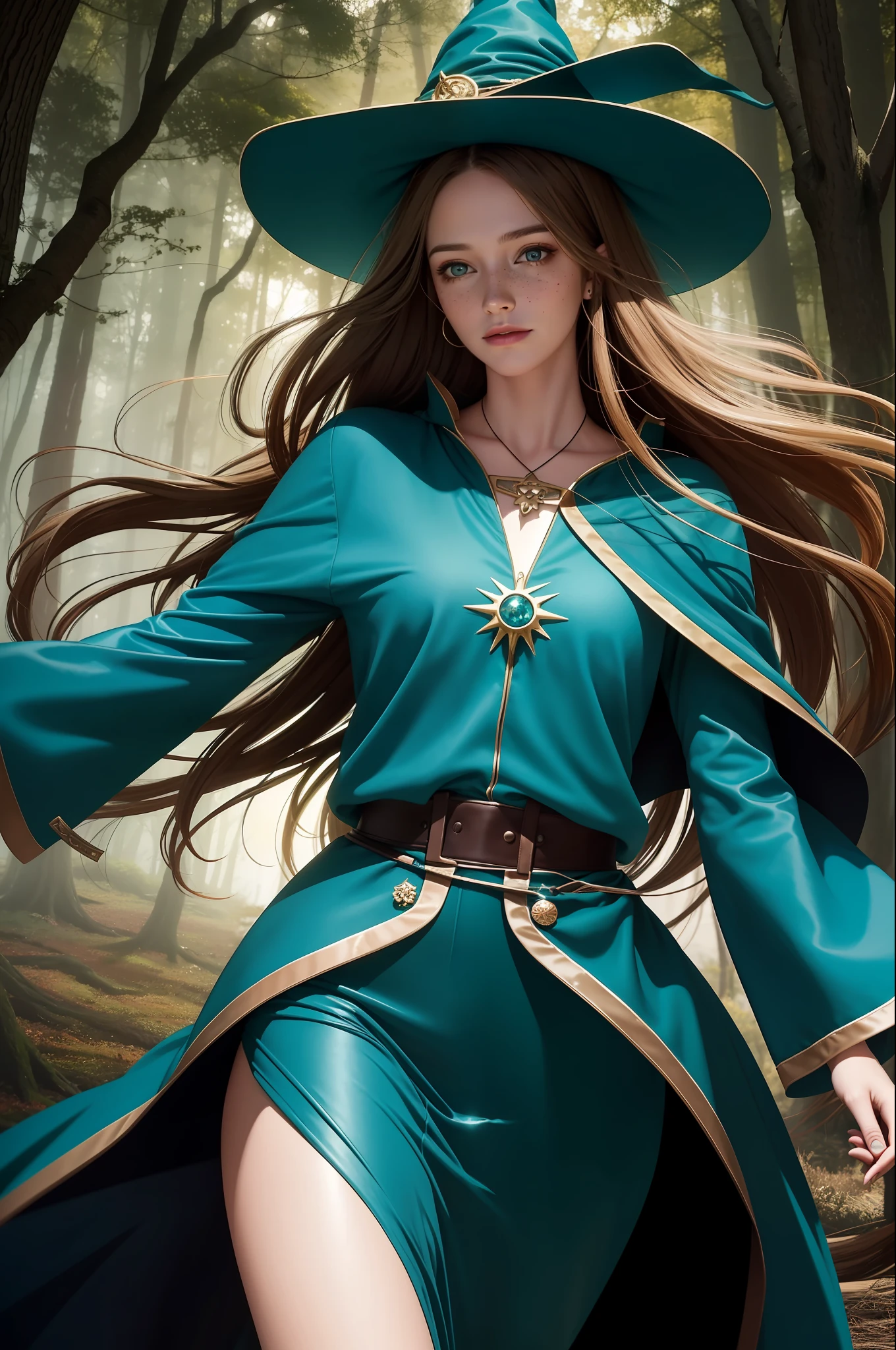 (best quality, masterpiece, realistic, detailed), 8k CG, perfect artwork, 1 girl, adult hungarian woman, slender, freckles, solo, teal eyes, light brown long hair, portrait, looking down, solo, (full body:0.6), detailed background, light smile, witch hat, witch, magical atmosphere, hair flowing in the wind, green trimmed dark colored clothes, colorful glowing magic spell in the air, swirling portal, dark magic, (style-swirlmagic:0.8), floating particles, dark sinister forest background, updraft, backlighting,