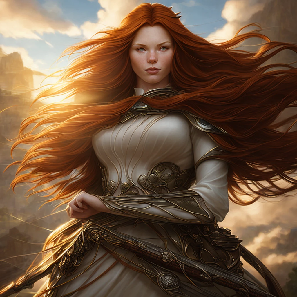 Big ginger fluffy cat cuddles woman with long ginger stripes, perfect anatomy, perfect eyes, perfect face, high detail, high definition drawing, high resolution, HD, 16k, well-drawn, fine detail, sunlight, beautiful landscape, fantasy landscape, matte painting, complex details, high detail, high fidelity, ray traced reflections, intricate complexity, photorealistic, Makoto Shinkai Peter Kemp Mucha print, soft natural volume cinematic flawless light, light shadow, cinematic wallpaper, super detailing, photorealism