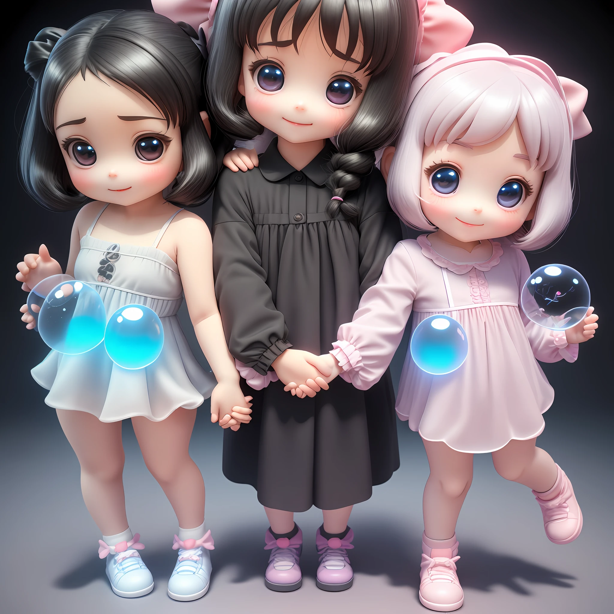 Full body 3D art of super cute girl, sisters holding hands, 1 and 4 year old girlwo characters, pigtailed black hair, pretty eyes, big eyes, cute, happy, c4d, pop Matt Blind Box, glowing bubbles, toys, solid color background, chibi, fluorescent translucent, glowing body, kawaii, doll, holding hands pose, reference sheet, pop mart blind box, Pixar, intricate detail, 3d rendering, blender, OC renderer , foll body reference sheet, dribble, high detail, 8k, studio lighting, loli, petite, child, ibi , racter S