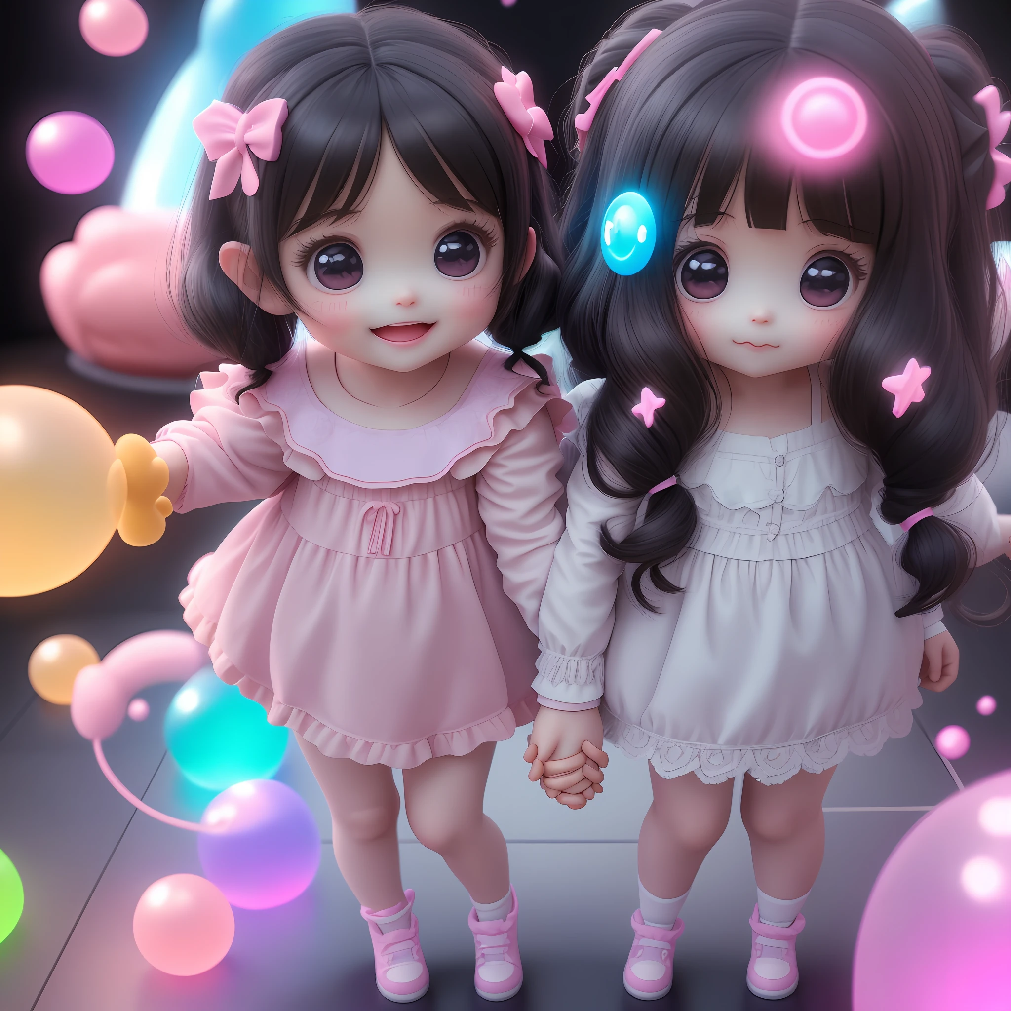 Full body 3D art of super cute girl, sisters holding hands, 1 year old baby and 4 year old girl, only two characters, pigtailed black hair, pretty eyes, big eyes, cute, happy, c4d, pop Matt Blind Box, glowing bubbles, toys, solid color background, chibi, fluorescent translucent, glowing body, kawaii, doll, holding hands pose, reference sheet, pop mart blind box, Pixar, intricate detail, 3d rendering, blender, OC renderer , foll body reference sheet, dribble, high detail, 8k, studio lighting, loli, petite, child, chibi , character SD:1.1