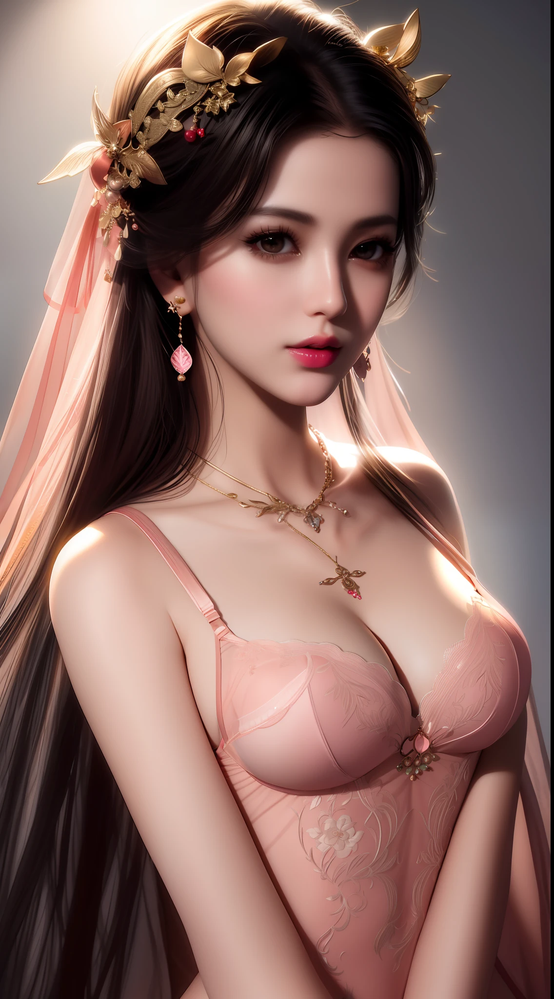 best quality, masterpiece, highres, 1girl, lingerie china dress, hair ornament, necklace, jewelry, Beautiful face, upon_body, tyndall effect, photorealistic, dark studio, rim lighting, two tone lighting, (high detailed skin:1.2), 8k uhd, dslr, soft lighting, high quality, volumetric lighting, candid, Photograph, high resolution, 4k, 8k, Bokeh, medium breasts, light pink lips, braless,