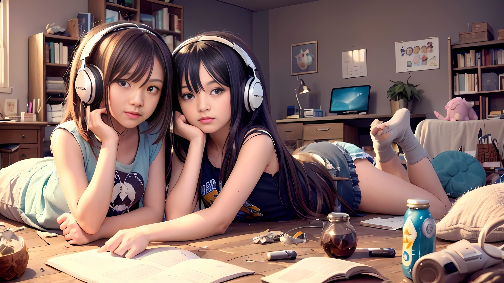 masterpiece, best quality, ultra-detailed, illustration, 2girls, sitting, playful, gaming, messy room, teenage, , lighthearted, cozy, relaxed, cheerful, fondness, love, friendship, cute, touching, computer game, controllers, smiles, joy, laughter, comfortable, slippers,ful pajamas, messy hair, tousled, disarray, cluttered, toys, posters, pillows, blankets, lamp, desk, chair, cozy atmosphere, night lighting, bright colors, soft pastels, flowers, plants, books, headphones, snacks, soda, energy drinks, manga, novels, plushies, figurines, posters, pictures, posters, wall scrolls, stickers, decorations, bed, blankets, pillows, stuffed animals, cozy blankets, warm blankets, comfortable clothes, casual attire, leisure wear, sweatshirt, sweatpants, t-shirt, tank top, socks,