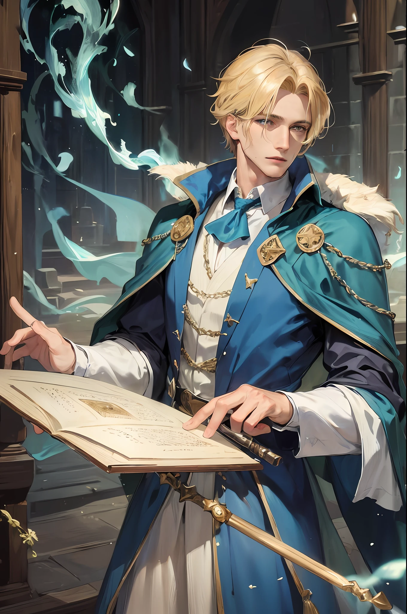 (highest resolution, distinct_image), best quality, masterpiece, very detailed, semi-realistic, man with short blond hair, mature man, mage, magic, wooden magic wand, blue mage clothes, robes, medieval