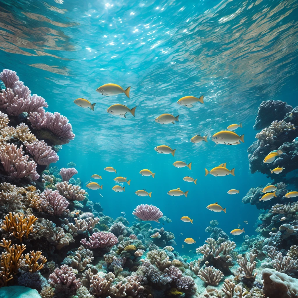 close up portrait of beautiful Pocahontas : hyper realistic : coral-filled ocean, surrounded by exotic marine life. Nature beauty, vivid colours, sun rays reflect on the surface of the water, iridescent reflection in an underwater housing, showcasing the surreal, dreamlike quality of the moment, dynamic composition, intense beauty, captured using a Canon EOS R5 with 24-70mm f/4 lens --ar 3:2 --style raw