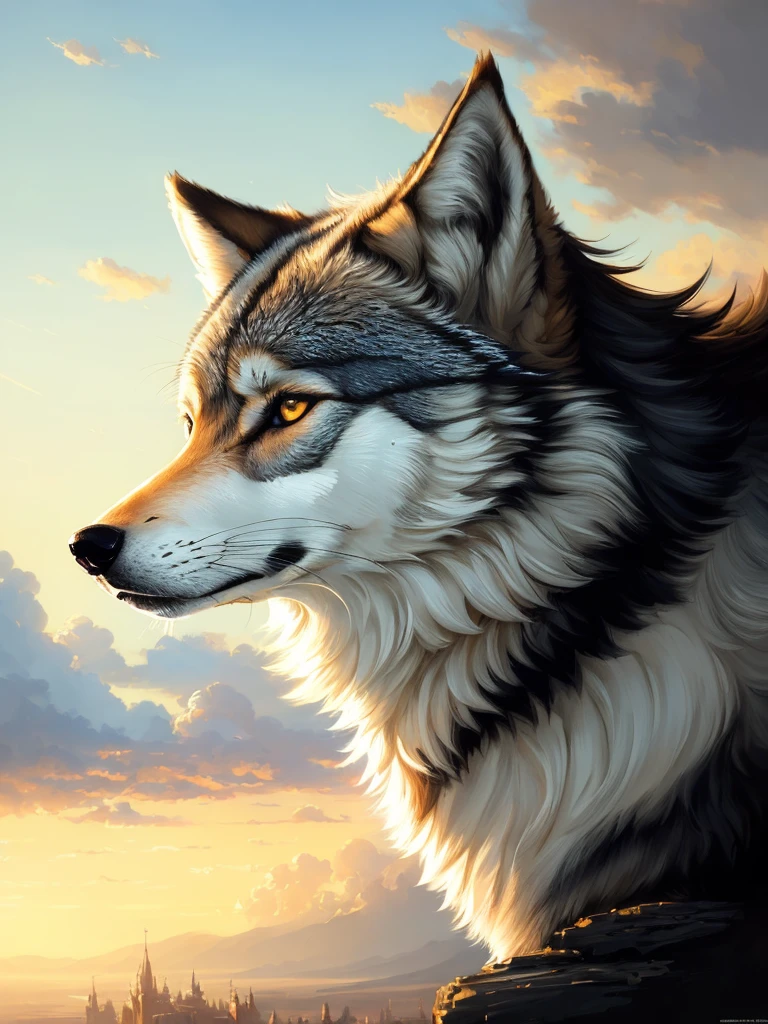 masterpiece, best quality, (finely detailed wolf)), (very detailed CG unified 8k wallpaper), (very detailed CG unified 8k wallpaper), Ed Blinkey, Atey Ghailan, professional majestic oil painting by Studio Ghibli, Jeremy Mann, Greg Manchess, Antonio Moro, trends on ArtStation, Midjourney and Greg Rutkowski's trends on CGSociety, complexity, high detail, sharpness, Dramatic, realistic art of painting