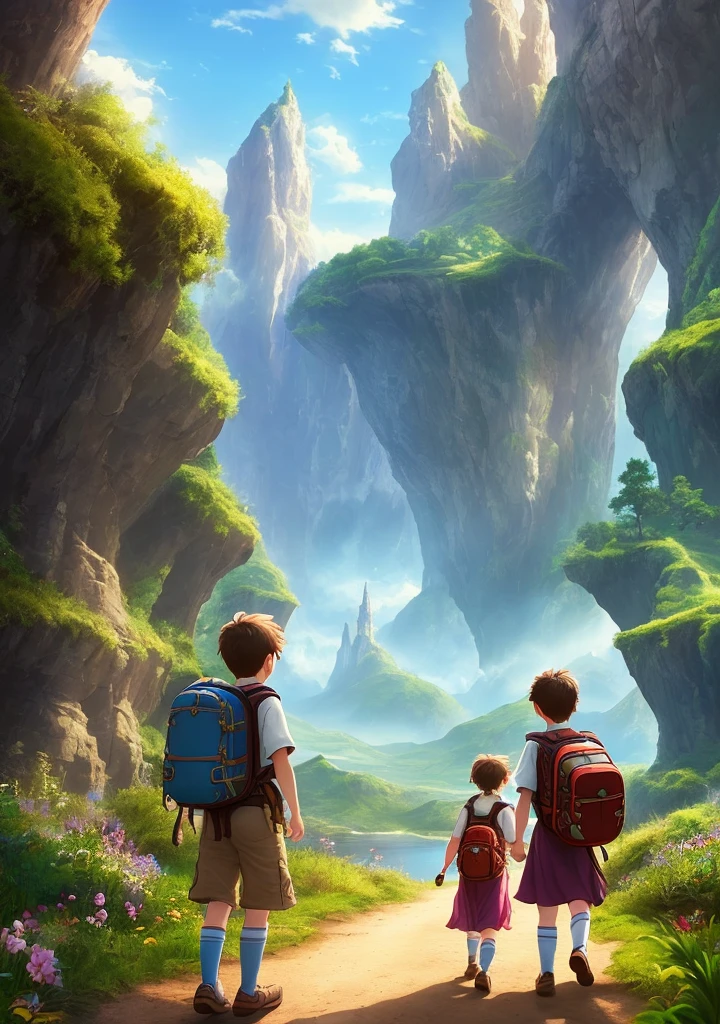 (Two children with adventurous spirits,) (setting off on a grand journey through a magical world,)