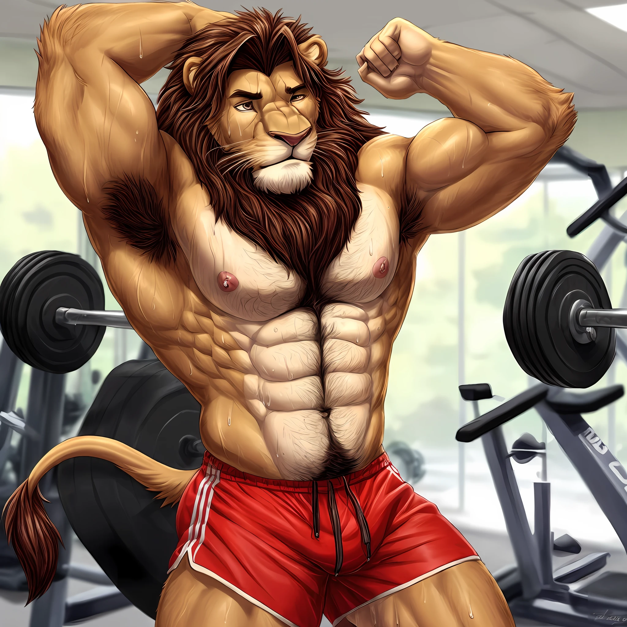 anthro male lion, athletic build, correct anatomy, raising up arm, exposing hairy armpit, sweat dripping, sweatdrops, exhausted, barechest, shorts, in the gym, solo