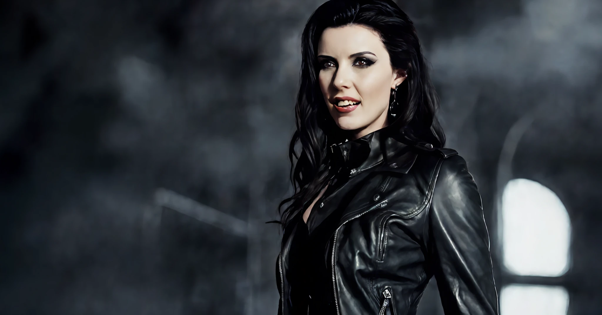 there is a woman in a black dress and a leather jacket, kimberly asstyn, cait miers, portrait sabrina lloyd, tifa lockaert, she wears leather jacket, photo from a promo shoot, amanda clarke, ryan kiera armstrong, promotional shot, dressed in leather jacket, dressed in black leather, angie glocka, evanescence