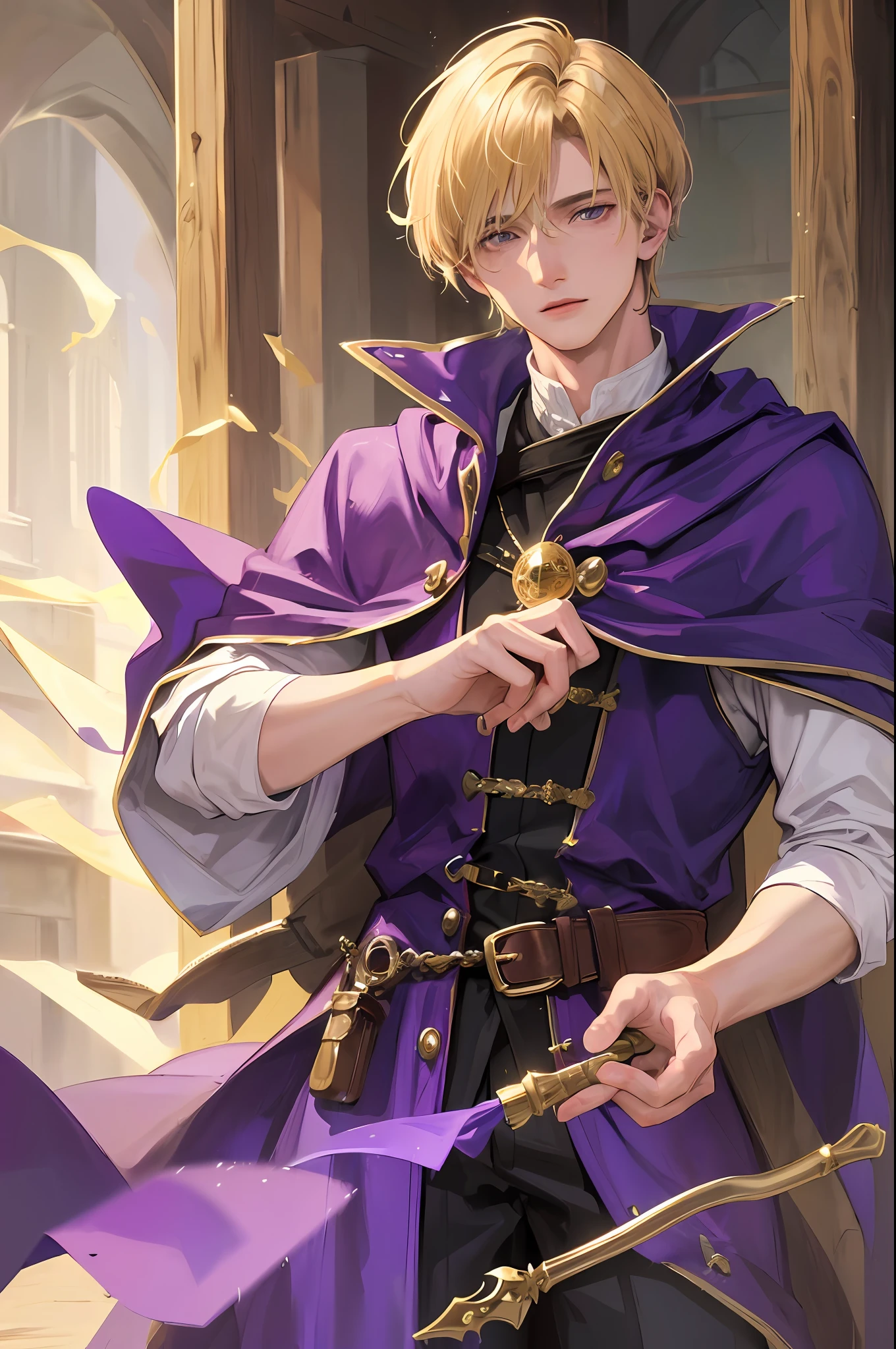 (highest resolution, distinct_image), best quality, masterpiece, highly detailed, semi-realistic, man with short blond hair, young, 20 years old, mage, magic, wooden magic wand, purple mage clothes, robes, medieval