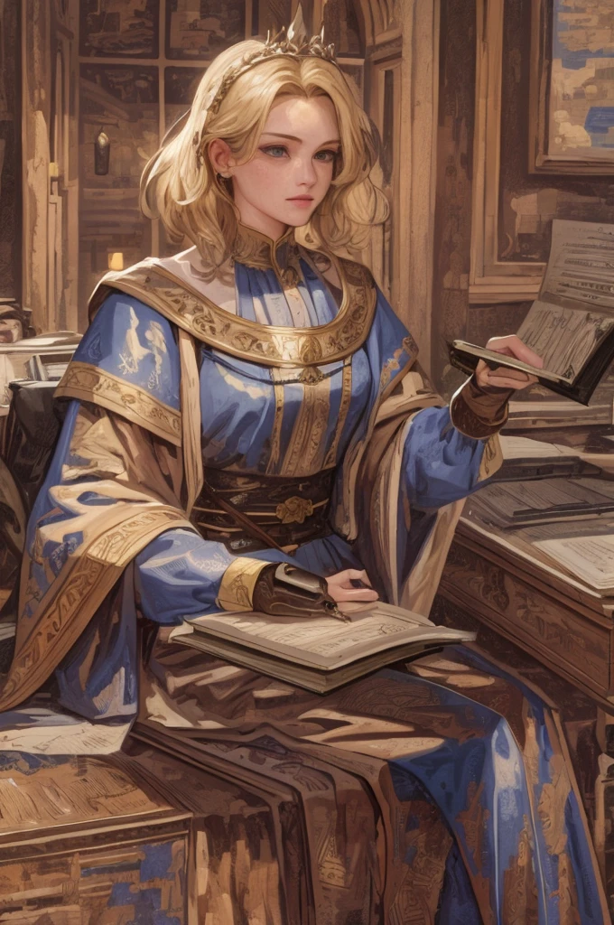 Highest resolution, distinct_image), best quality, masterpiece, highly detailed, semi-realistic, woman with short blond hair, young, 18 years old, mage, magic, wooden magic wand, blue mage clothes, robes, medieval