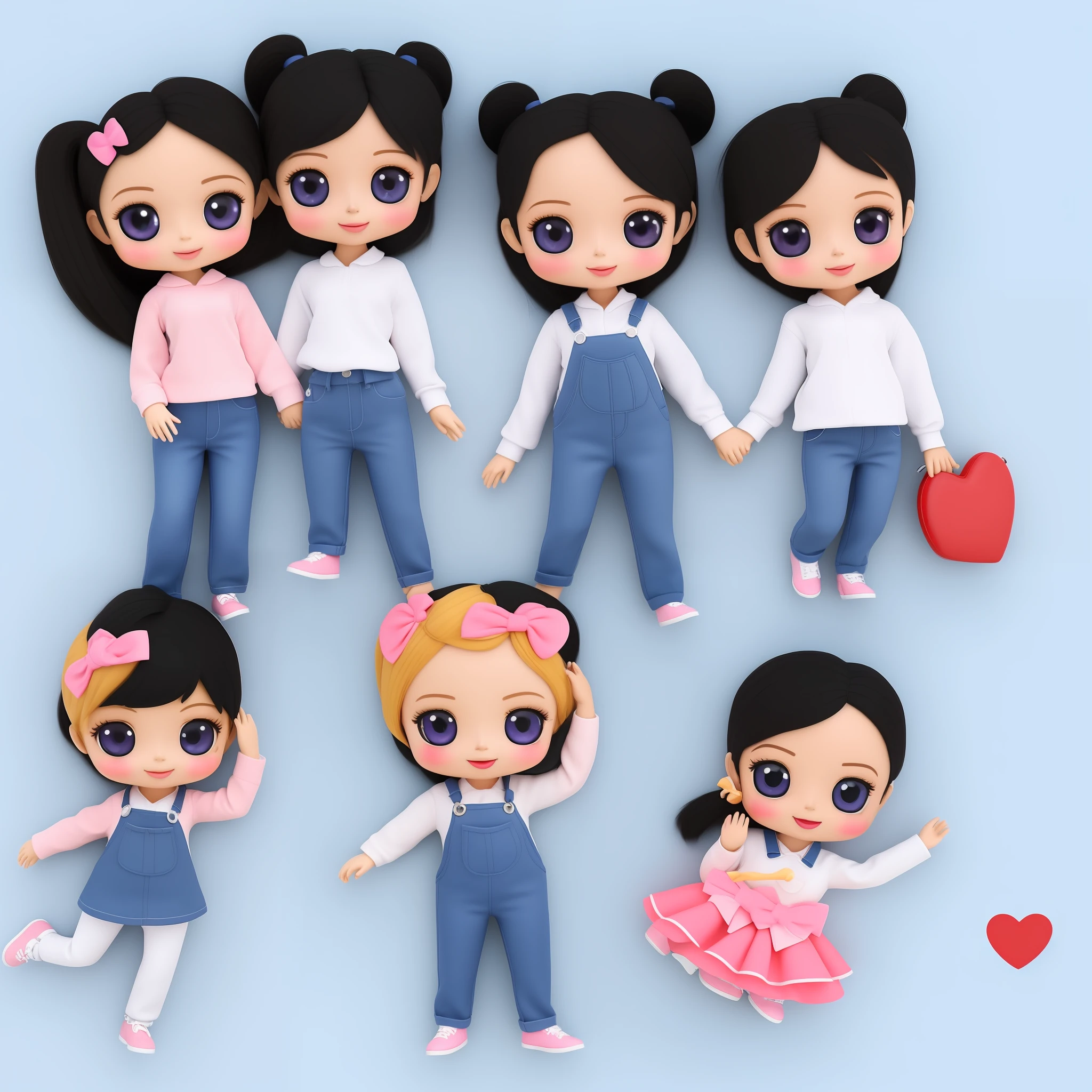 ((best quality)), ((ultradetailed)), ((masterpiece)), full body 3d art of two super cute girls, kawaii cute 3d image of two sisters, one year old and one 4 year old, black hair in pigtails, holding hands pose, small sticker characters, shiny body, kawaii, doll, white background, minimalist illustration, vector, rainbow colors, logo, flat 3d, centered, resolution: 8K.