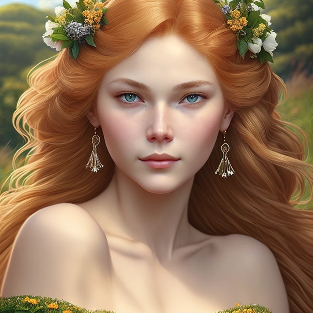 Big ginger fluffy cat cuddles woman with long ginger stripes, perfect anatomy, perfect eyes, perfect face, high detail, high definition drawing, high resolution, HD, 16k, well-drawn, fine detail, sunlight, beautiful landscape, fantasy landscape, matte painting, complex details, high detail, high fidelity, ray traced reflections, intricate complexity, photorealistic, Makoto Shinkai Peter Kemp Mucha print, soft natural volume cinematic flawless light, light shadow, cinematic wallpaper, super detailing, photorealism