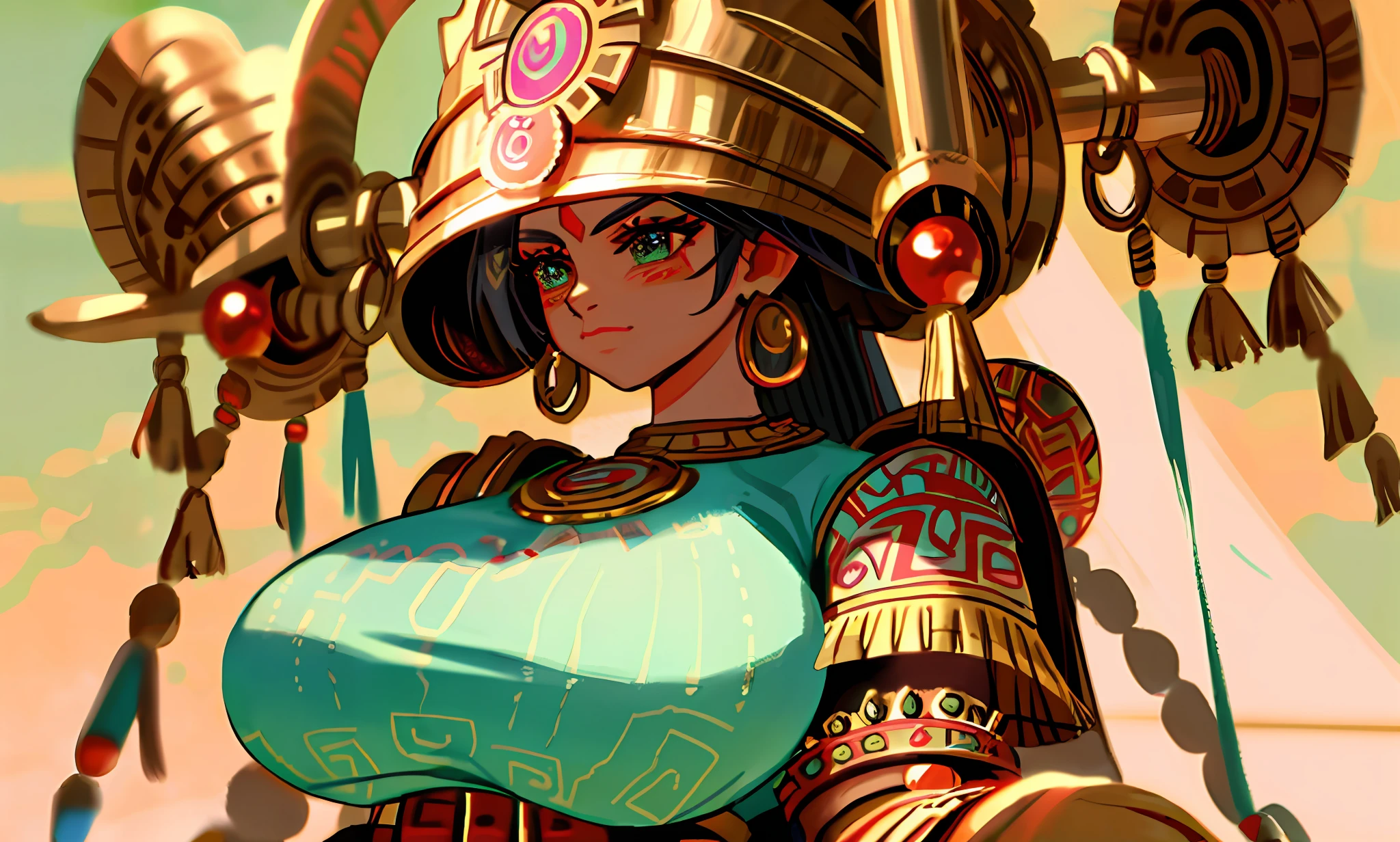 Closeup of woman, classic mayan mythology, aztec mythology, aztec god, mayan style, aztec warrior goddess, huge breasts