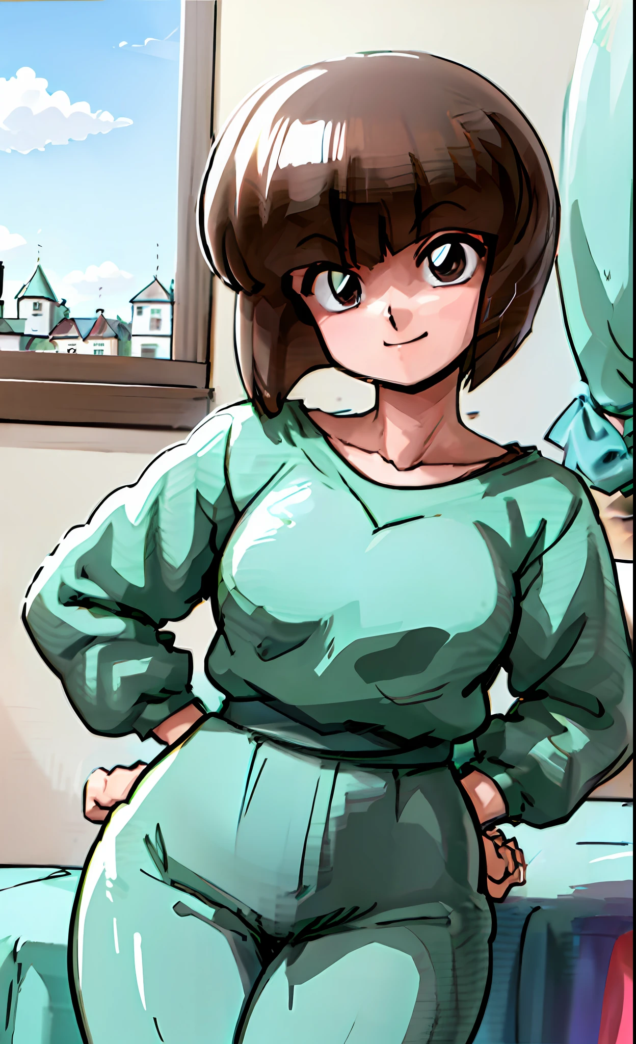 (NabikiWaifu:1), cute, smile, sexy pose, standing, head tilted, hands on hips, one eye clothes closed, open, (realistic: 1.2), (realism), (masterpiece: 1.2), (best quality), (ultra detailed), (8k, 4k, complex),(full body shot:1),( Cowboy-shot:1.2), (85mm),light particles, lighting, (highly detailed:1.2), (detailed face:1.2), (gradients), colorful, detailed eyes, (detailed landscape, house, room, bed, window, table: 1.2), (detailed background), detailed landscape, (dynamic angle: 1.2), (pose dynamics: 1.2), (rule of third_composition: 1.3), (line of action: 1.2), long shot, ground, daylight,