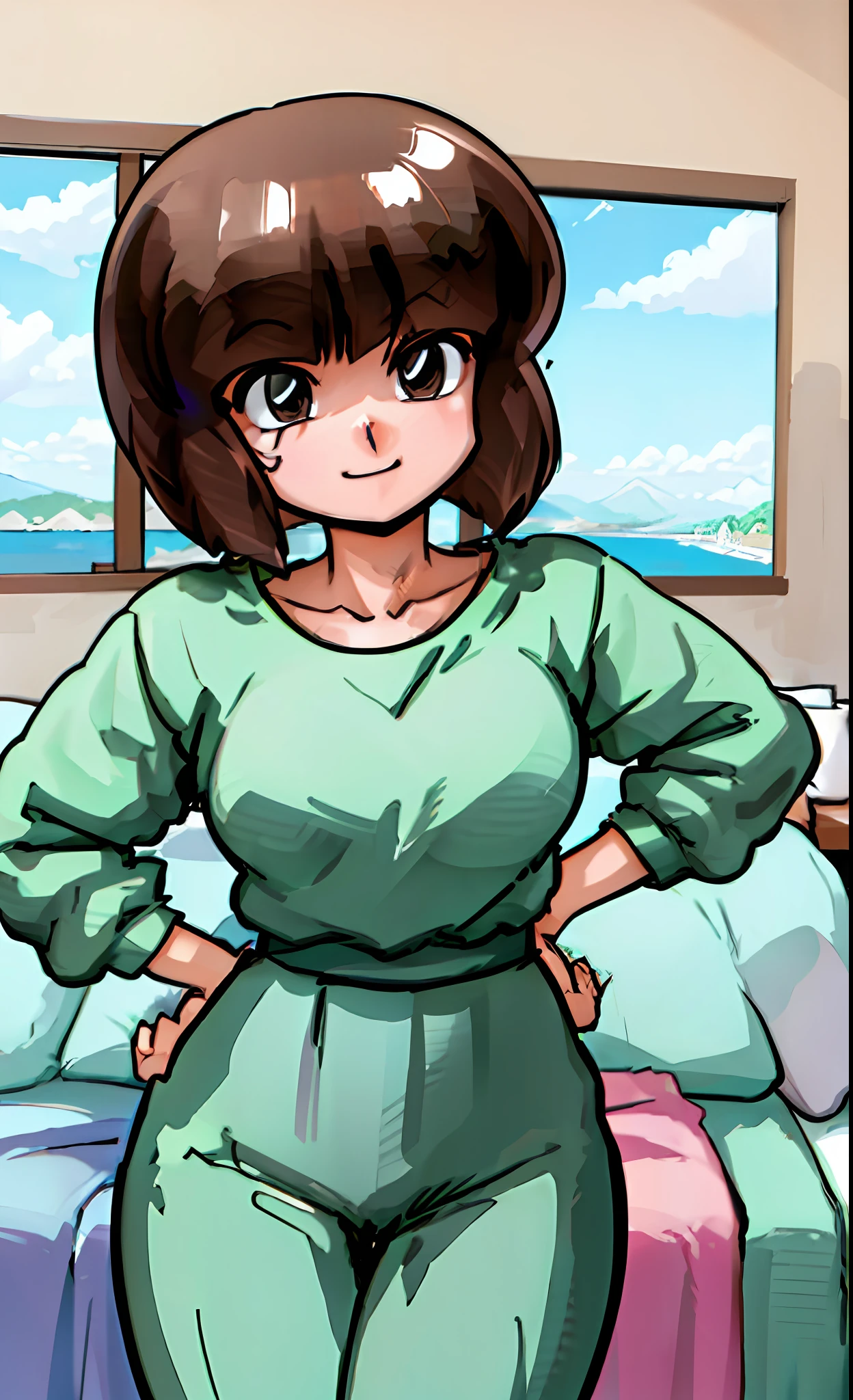 (NabikiWaifu:1), cute, smile, sexy pose, standing, head tilted, hands on hips, one eye clothes closed, open, (realistic: 1.2), (realism), (masterpiece: 1.2), (best quality), (ultra detailed), (8k, 4k, complex),(full body shot:1),( Cowboy-shot:1.2), (85mm),light particles, lighting, (highly detailed:1.2), (detailed face:1.2), (gradients), colorful, detailed eyes, (detailed landscape, house, room, bed, window, table: 1.2), (detailed background), detailed landscape, (dynamic angle: 1.2), (pose dynamics: 1.2), (rule of third_composition: 1.3), (line of action: 1.2), long shot, ground, daylight,