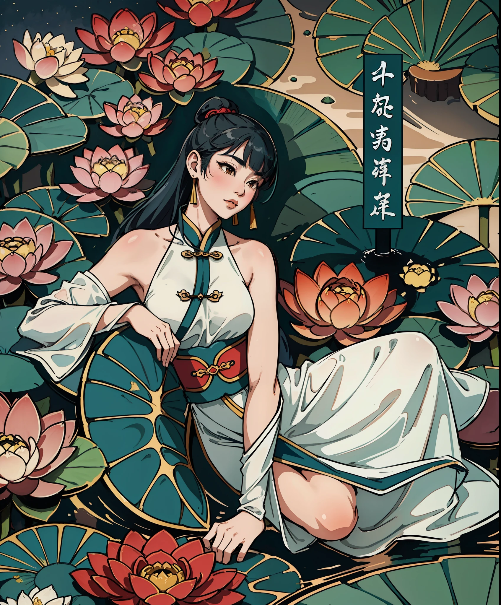 An ancient Chinese beauty sitting on a stone, wearing ancient Chinese clothing, flowing tulle, light silk, lazy posture, large lotus leaf, lotus, ink painting style, clean color, decisive cutting, blank, freehand, masterpiece, super detailed, epic composition, high quality, the highest quality, 4k --v 6