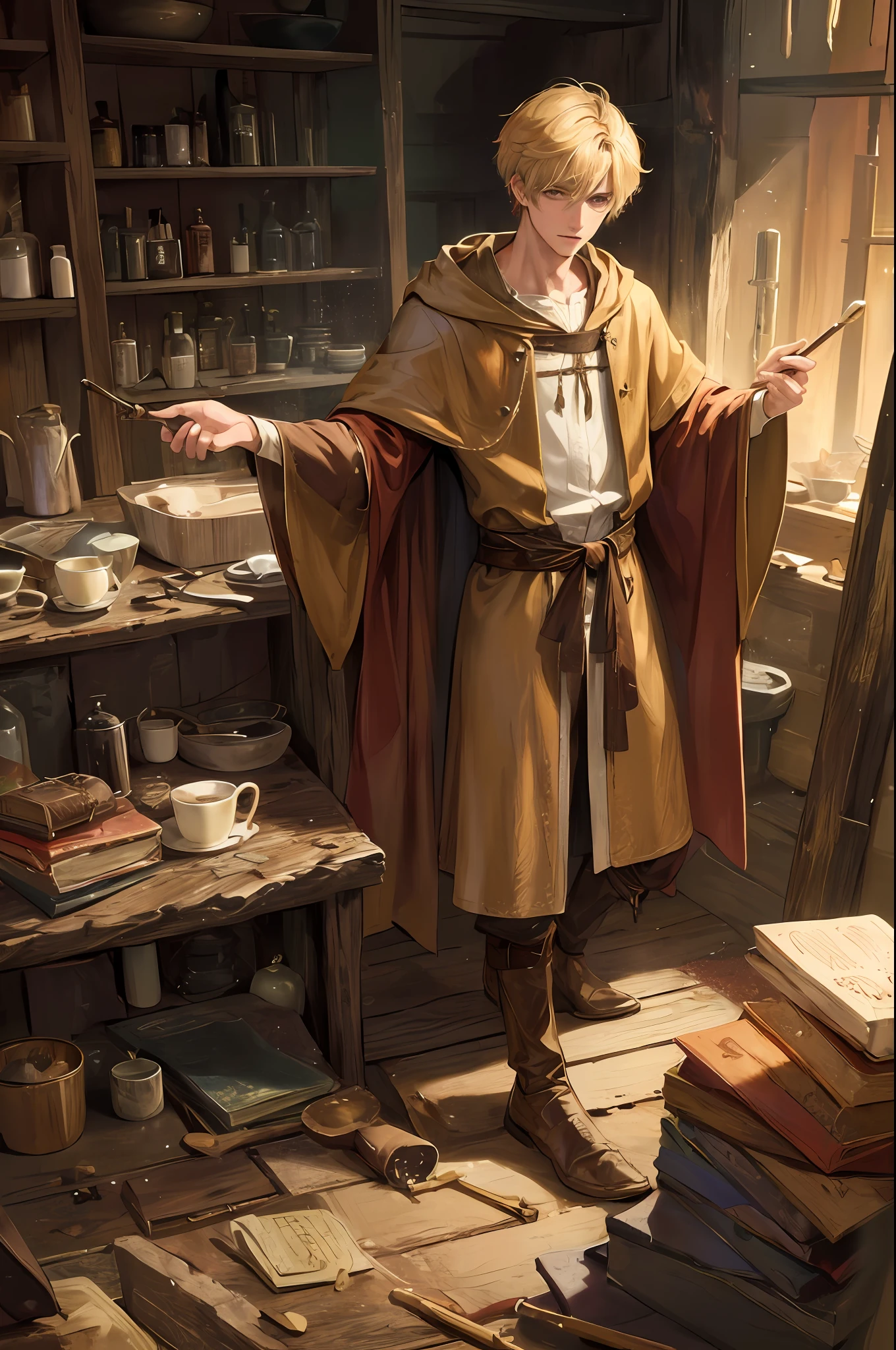 (highest resolution, distinct_image), best quality, masterpiece, highly detailed, semi-realistic, man with short blond hair, young, 20 years old, mage, magic, wooden magic wand, brown mage clothes, tattered, robes, medieval, slums