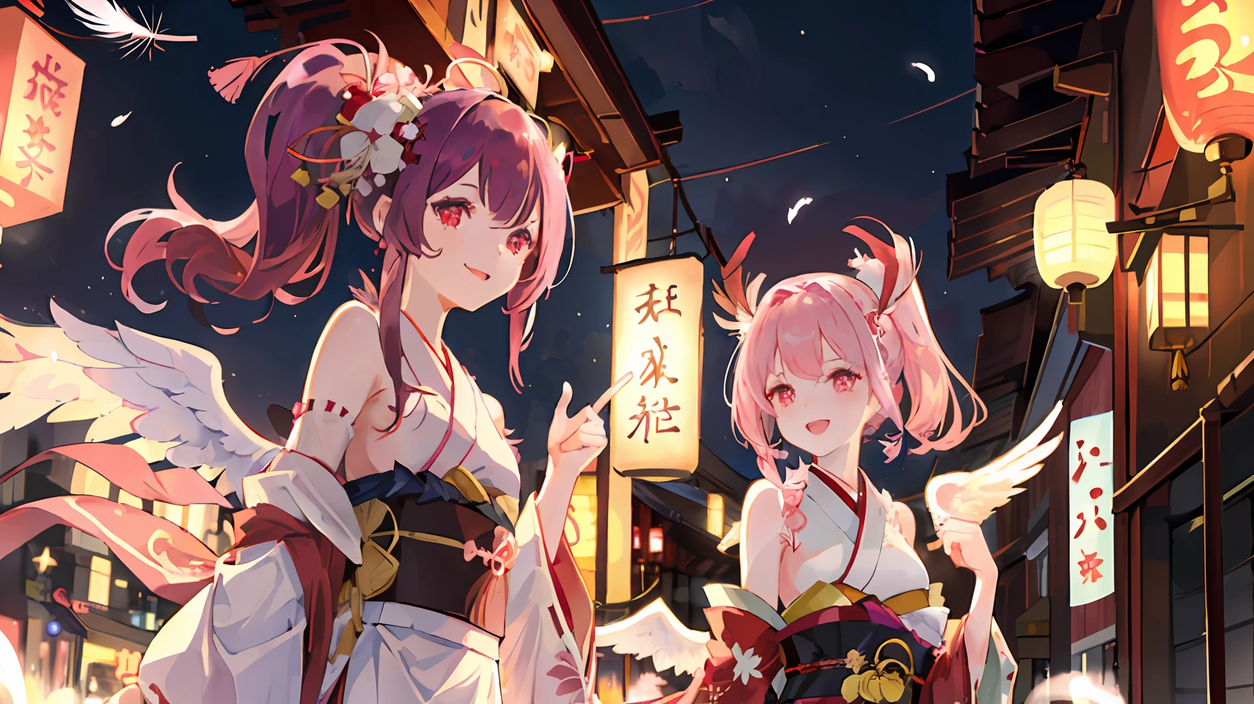 2girl, (white dress, pink pills, crossed fringes, one side sideburns, pink eyes, feather headpiece, bow on dress, strapless, angel wings), (dark purple hair, high ponytail, red eyes, red flower headpiece, red kimono, Japanese costume, happy smile), night street, lively atmosphere, lanterns, festive atmosphere, walking together