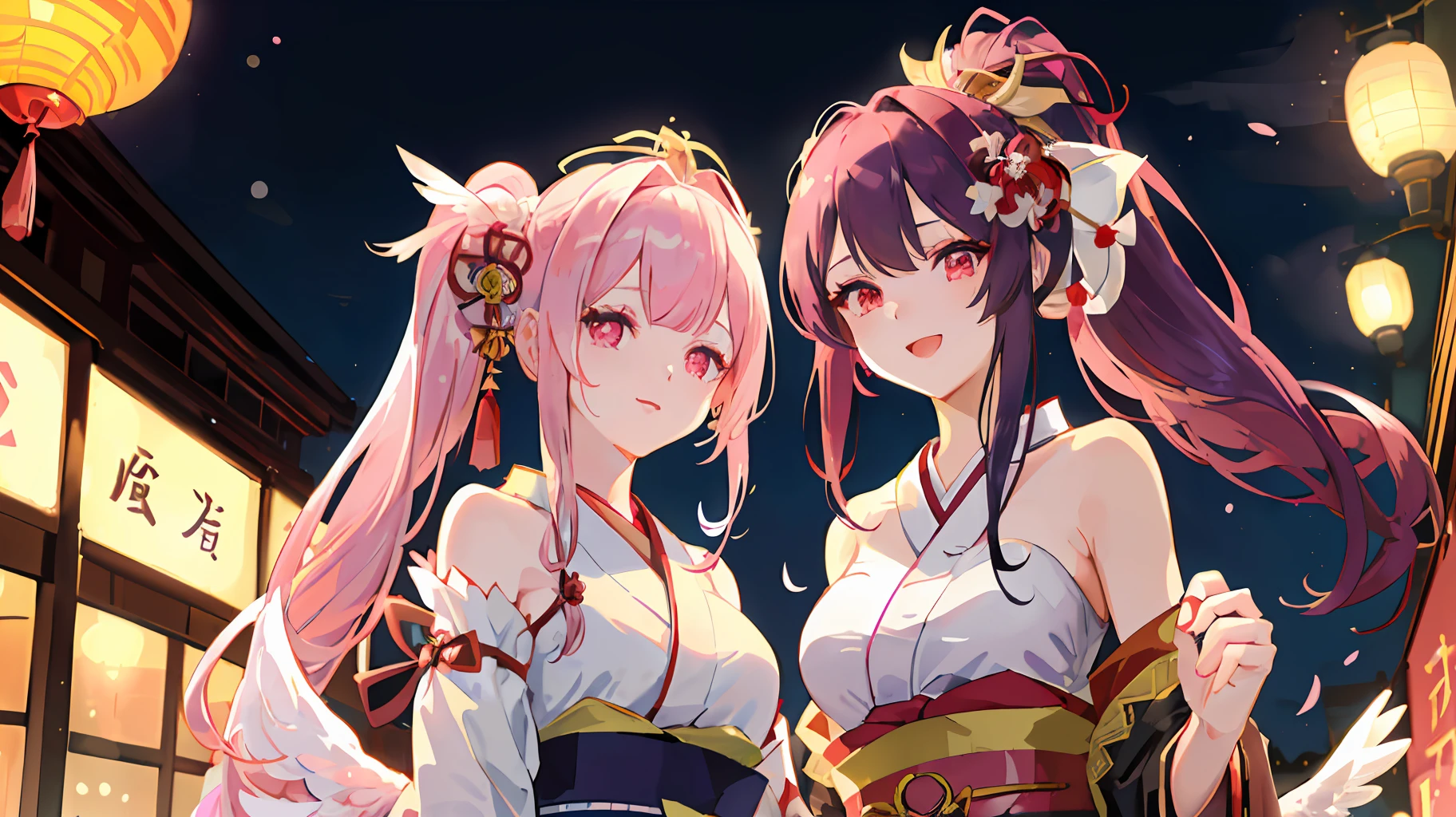 2girl, (white dress, pink pills, crossed fringes, one side sideburns, pink eyes, feather headpiece, bow on dress, strapless, angel wings), (dark purple hair, high ponytail, red eyes, red flower headpiece, red kimono, Japanese costume, happy smile), night street, lively atmosphere, lanterns, festive atmosphere, walking together