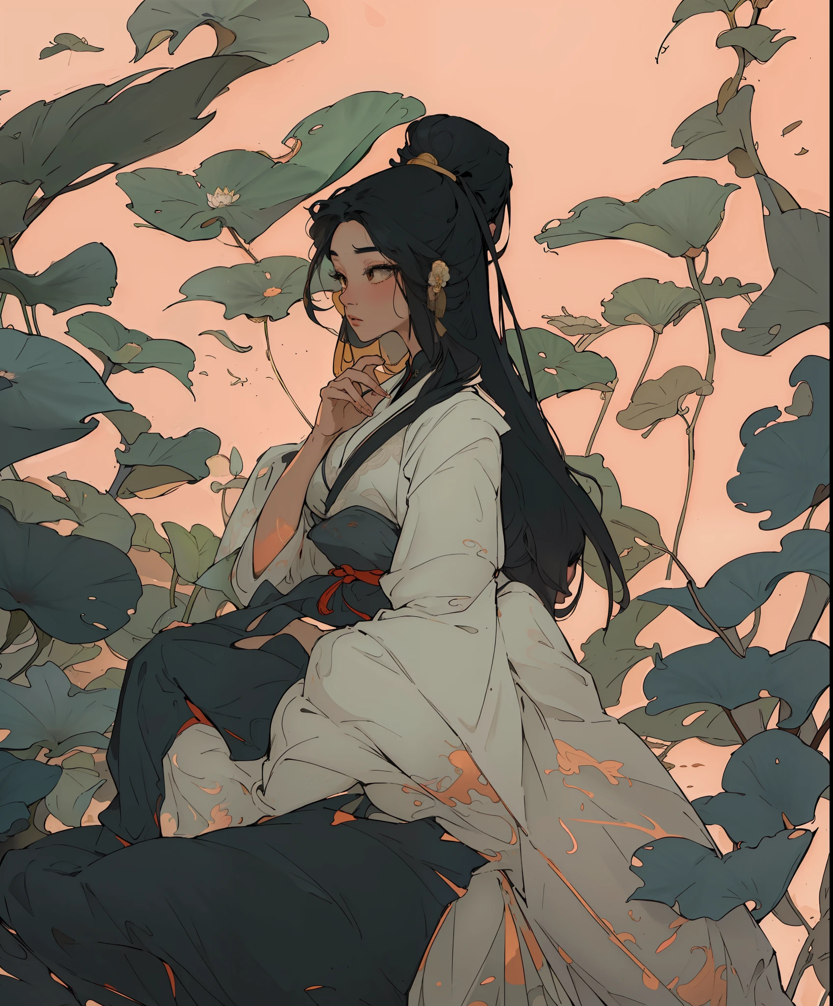 An ancient Chinese beauty sits on a stone, wearing ancient Chinese clothes, flowing tulle, light silk, lazy posture, big lotus leaf, lotus flower, ink painting style, clean color, decisive cut, blank space, freehand, Masterpiece, super detailed, epic composition, high quality, highest quality, 4k --v 6