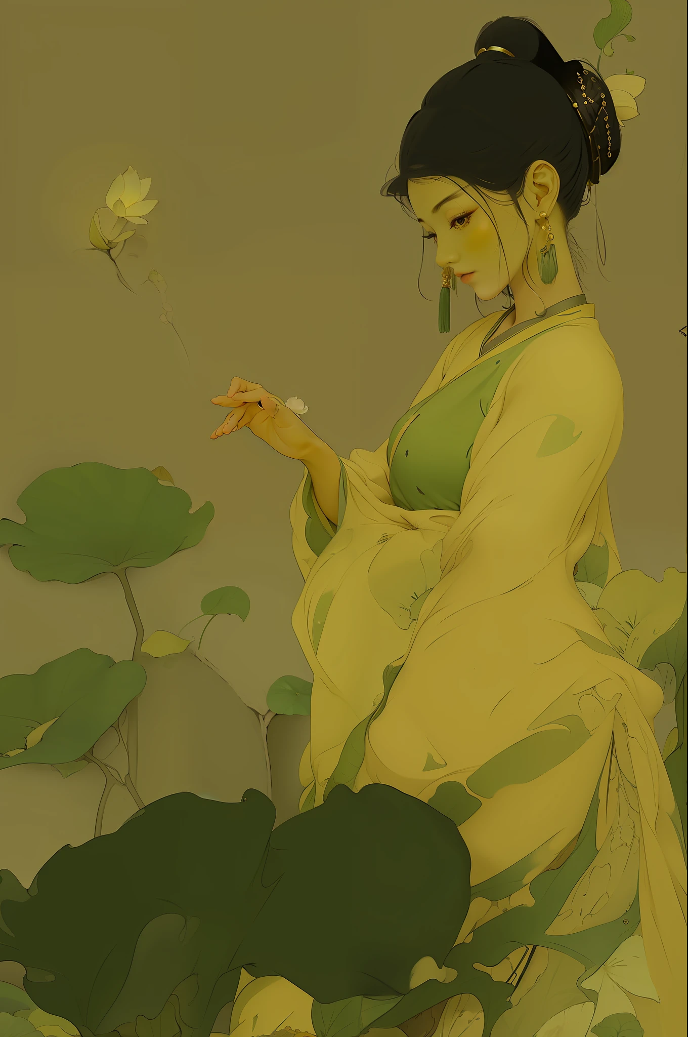 An ancient Chinese beauty sitting on a stone, wearing ancient Chinese clothing, flowing tulle, light silk, lazy posture, large lotus leaf, lotus, ink painting style, clean color, decisive cutting, blank, freehand, masterpiece, super detailed, epic composition, high quality, the highest quality, 4k --v 6