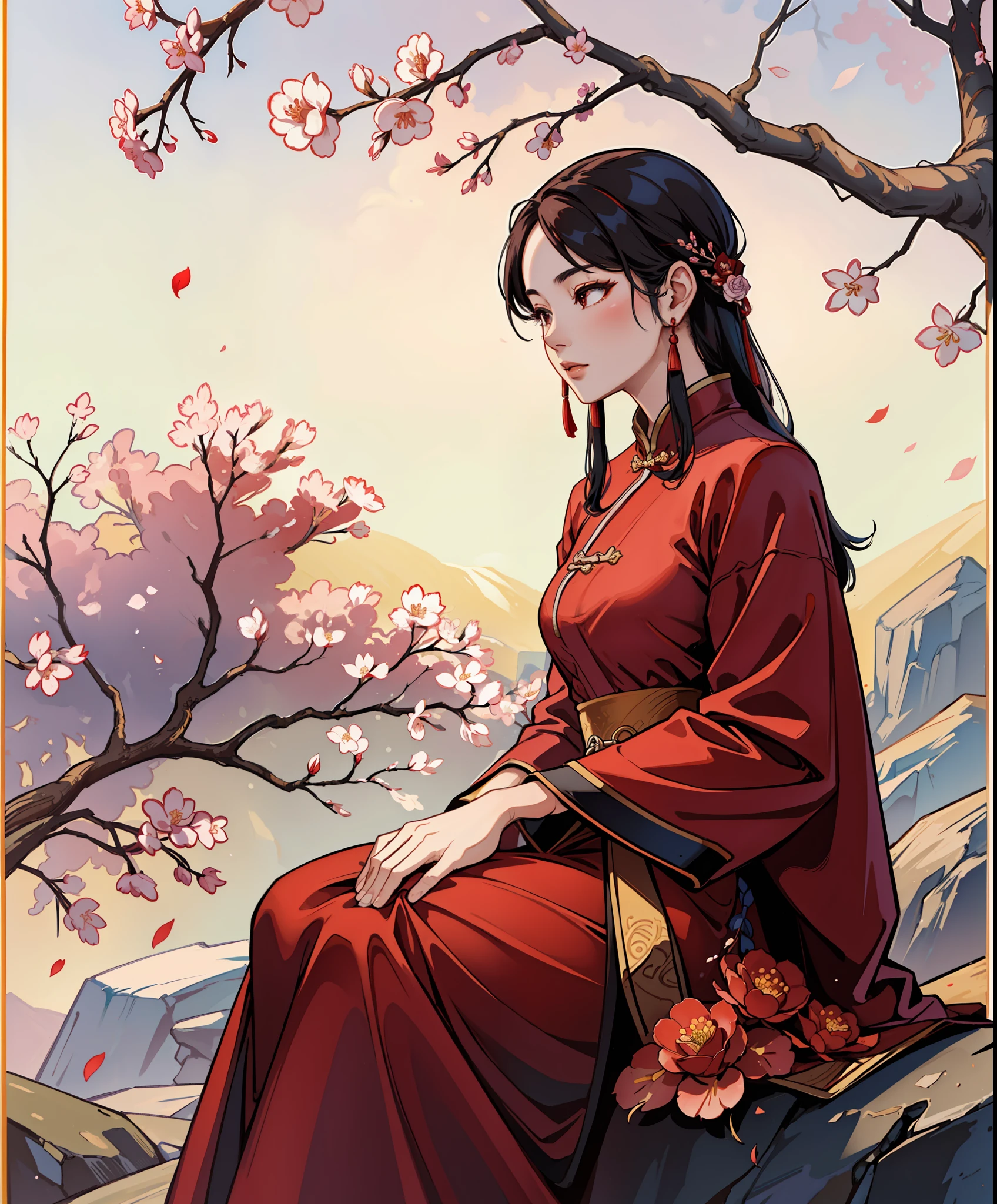 An ancient Chinese beauty, rose red long dress, sitting on a big stone, plum blossoms falling, sunlight, clear face, masterpiece, super detailed, epic composition, high quality, highest quality, 4k --v 6