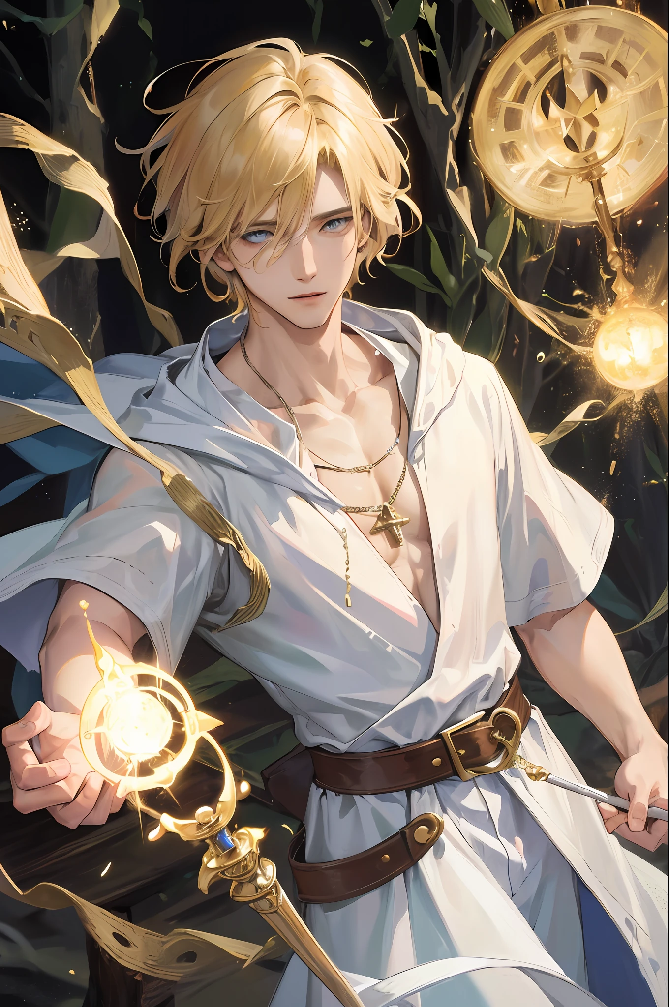 (highest resolution, distinct_image), best quality, masterpiece, highly detailed, semi-realistic, man with short blond hair, young, mage, magic, wooden magic wand, white mage clothes, robes, medieval