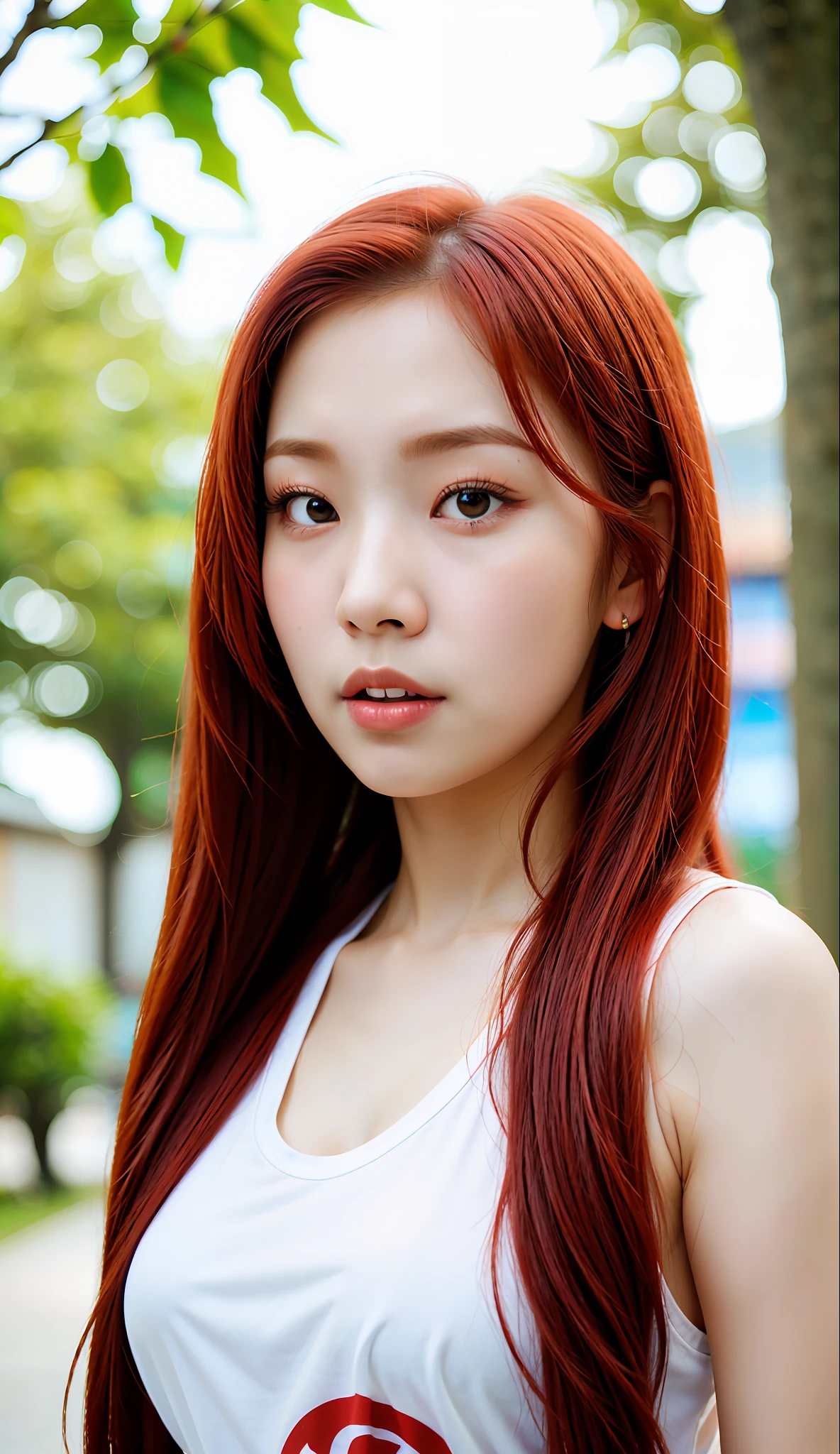 Asian woman with long flowing red hair and white tank top. beautiful korean girl Korean girl&#39;s cute face Portrait of a Korean female idol. Beautiful korean woman. Korean girl. Beautiful South Korean woman. Portrait of kpop idol, 8 k soft portrait.