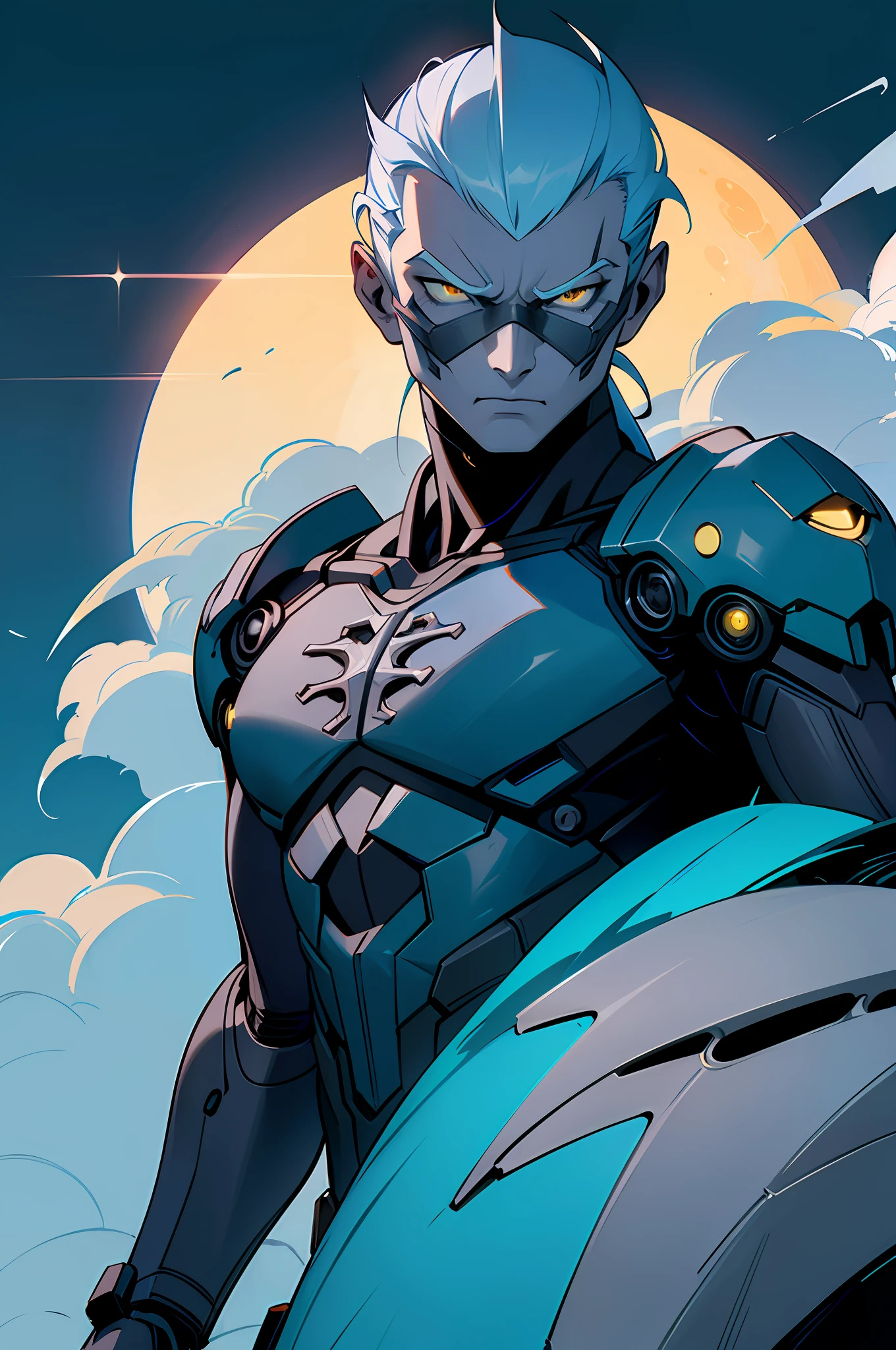 (Different Face expressions) masterpiece, best quality, detailed cyborg anti hero man, with alligator characterlistics build through AI sky, cloudy_sky, building, moonlight, moon, night, (dark theme:1.3), light, fantasy