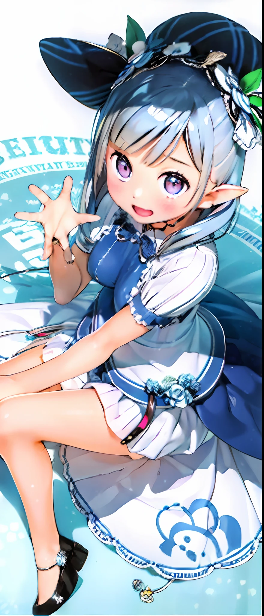 Masterpiece, best quality, [(white background: 1.5)::0.9], (game character portrait), looking at audience, field, 1girl, solo, full body, Elf ears , Cute girl , Little sister type , Watery eyes , Large eyes , Delicate detailed eyes , Big breasts , Straight bangs , Short white hair , Blue Snowflake eyes , Round pupil , Happy , Slim , Colorful , Fantasy magical , Complex hair detail , Open mouth smile