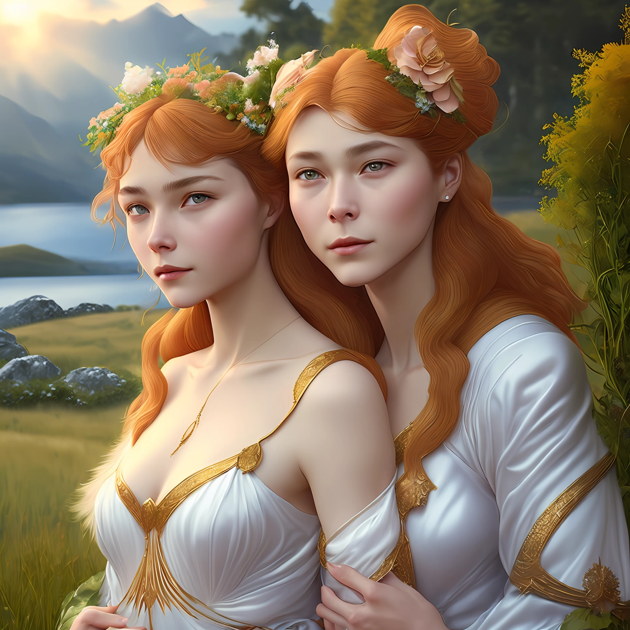 perfect anatomy, perfect eyes, perfect face, high detail, high definition drawing, high resolution, HD, 16k, well-drawn, fine detail, sunlight, beautiful landscape, fantasy landscape, matte painting, complex details, high detail, high fidelity, ray traced reflections, intricate complexity, photorealistic, Makoto Shinkai Peter Kemp Mucha print, soft natural volume cinematic flawless light, light shadow, cinematic wallpaper, super detailing, photorealism