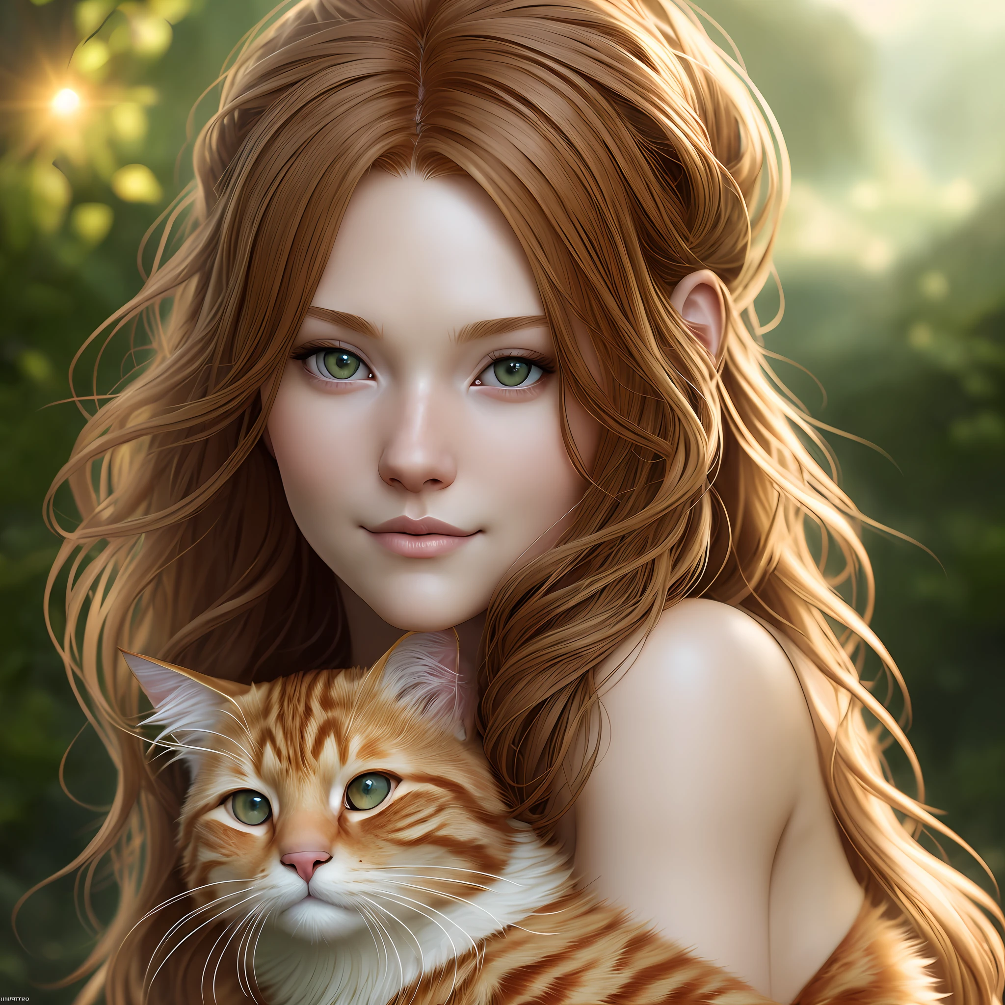 Big ginger fluffy cat cuddles woman with long ginger stripes, perfect anatomy, perfect eyes, perfect face, high detail, high definition drawing, high resolution, HD, 16k, well-drawn, fine detail, sunlight, beautiful landscape, fantasy landscape, matte painting, complex details, high detail, high fidelity, ray traced reflections, intricate complexity, photorealistic, Makoto Shinkai Peter Kemp Mucha print, soft natural volume cinematic flawless light, light shadow, cinematic wallpaper, super detailing, photorealism
