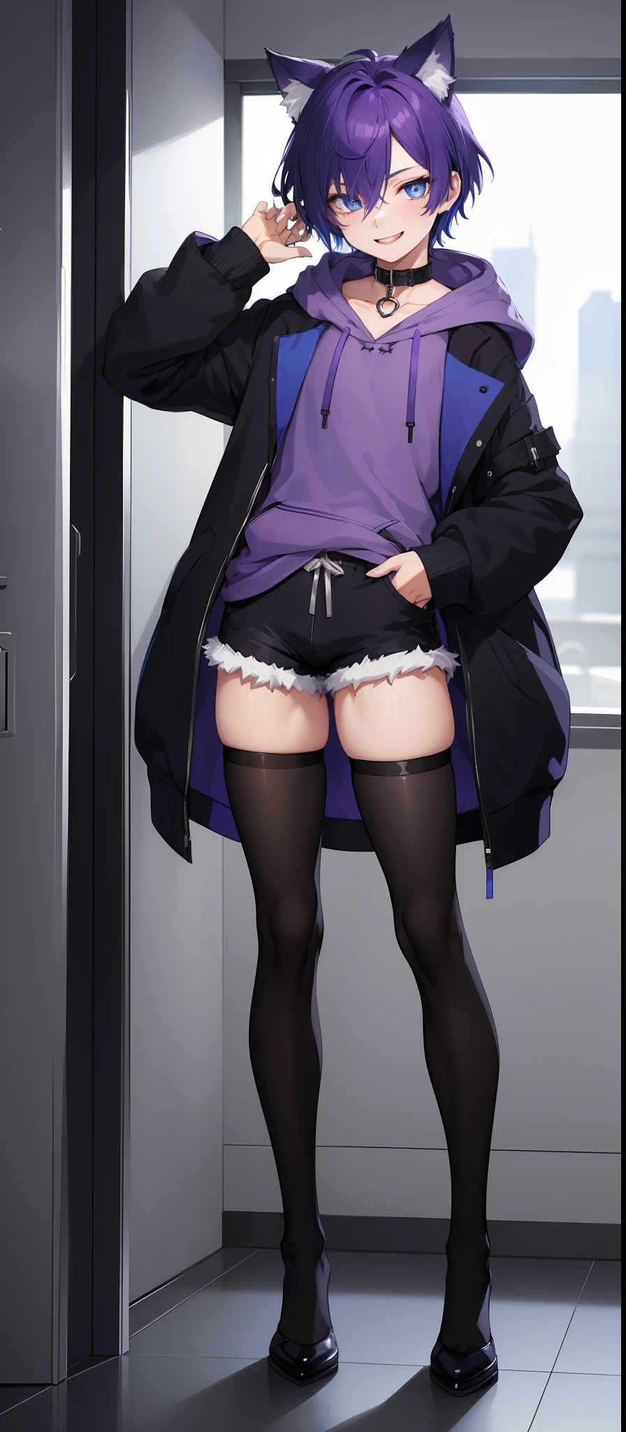 1boy, androgynous, blue eyes, purple hair, collar, blue hoodie, blue booty shorts, black thigh highs, masterpiece, HD, vibrant, full body view, night, smile, cat ears