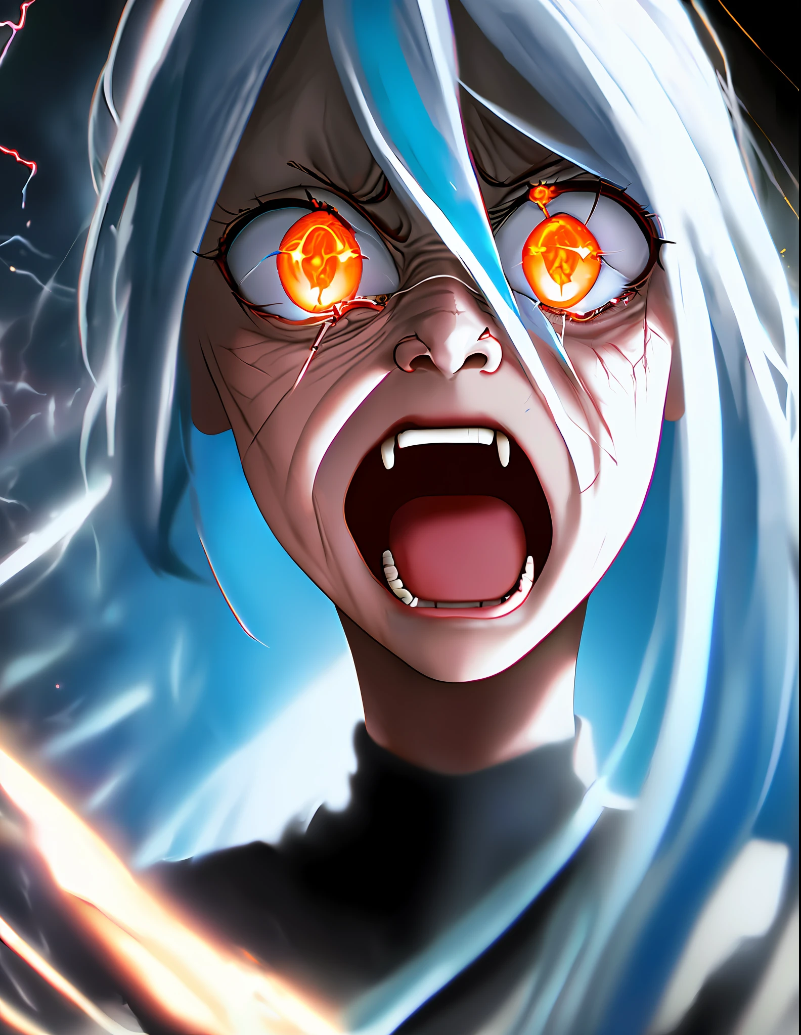 incredibly absurdres, 8k wallpaper, portrait, dynamic pose, looking at viewer, staring at viewer, elderly, old female character, 1girl, silver hair and blue (gradient hair:1.2), hair between eyes, low-tied long hair, angry, screaming, (shaded face, shadows cast over face:1.3), orange eyes, constricted pupils, (science fiction style clothing and background:1.3)