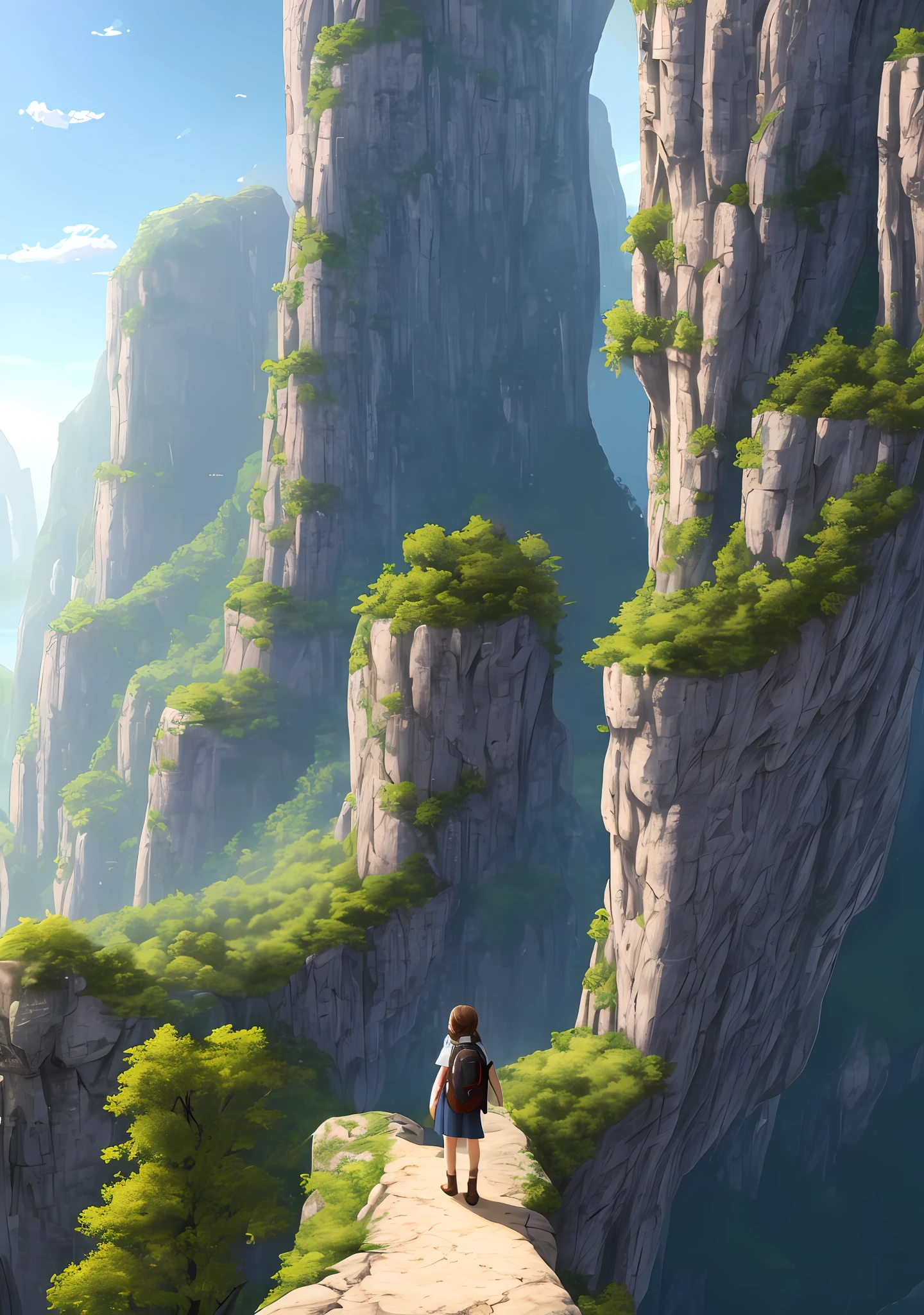 (extremely detailed CG unity 8k wallpaper,masterpiece, best quality, ultra-detailed),(best illumination, best shadow),dynamic angle,floating,

[(1girl+1boy),adventure,(brown hair+black hair:1.2+blonde hair:1.2+purple hair:0.9)(blue eyes:green eyes),traveling clothes,backpack, exploration equipment,cliff,winding path, overhanging vines, mesmerizing view,]