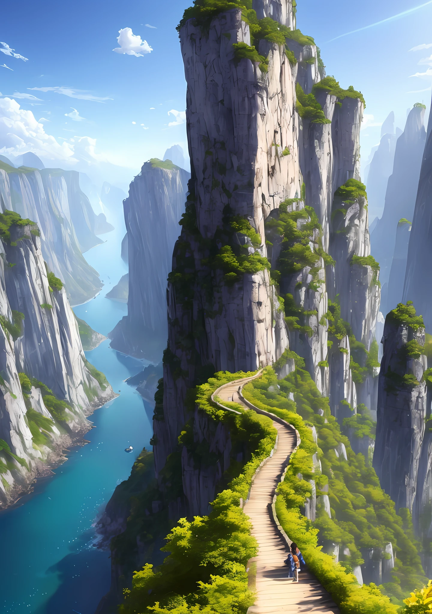 (extremely detailed CG unity 8k wallpaper,masterpiece, best quality, ultra-detailed),(best illumination, best shadow),dynamic angle,floating,

[(1girl+1boy),adventure,(brown hair+black hair:1.2+blonde hair:1.2+purple hair:0.9)(blue eyes:green eyes),traveling clothes,backpack, exploration equipment,cliff,winding path, overhanging vines, mesmerizing view,]