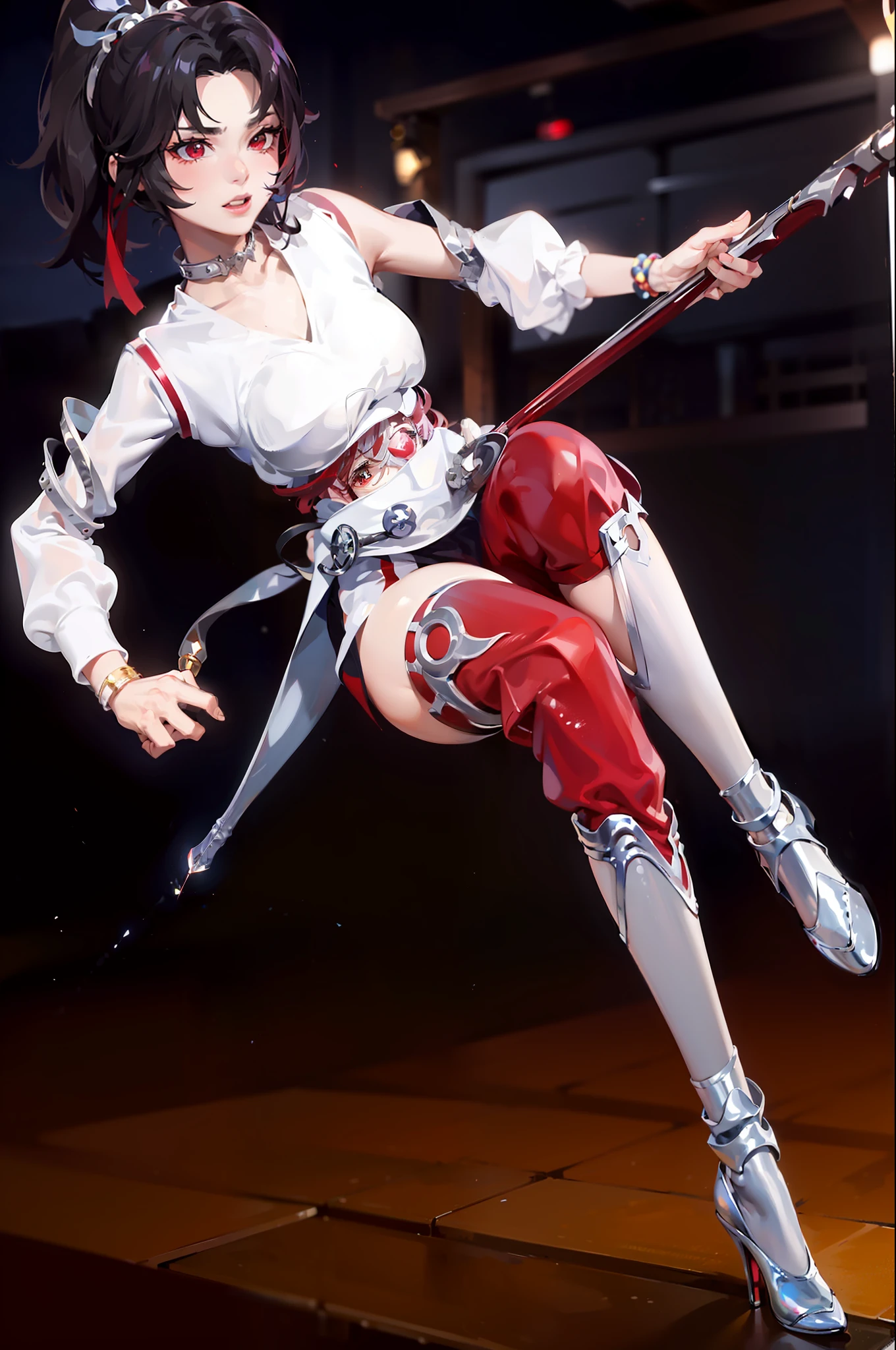 (Masterpiece, Best Quality: 1.8), (Yunying Silver Dress, Red Pants and Silver Boots: 1.25), (Red Pants: 1.5), cool pose, flowing ponytail, delicate and beautiful red eyes, clean fair skin, lovely face, soft lighting, delicate cloth, beautiful body, dawn, outdoors, beautiful sunlight, flasks, sparks, spark lights, (amazing and detailed beautiful backgrounds: 1.4), legs