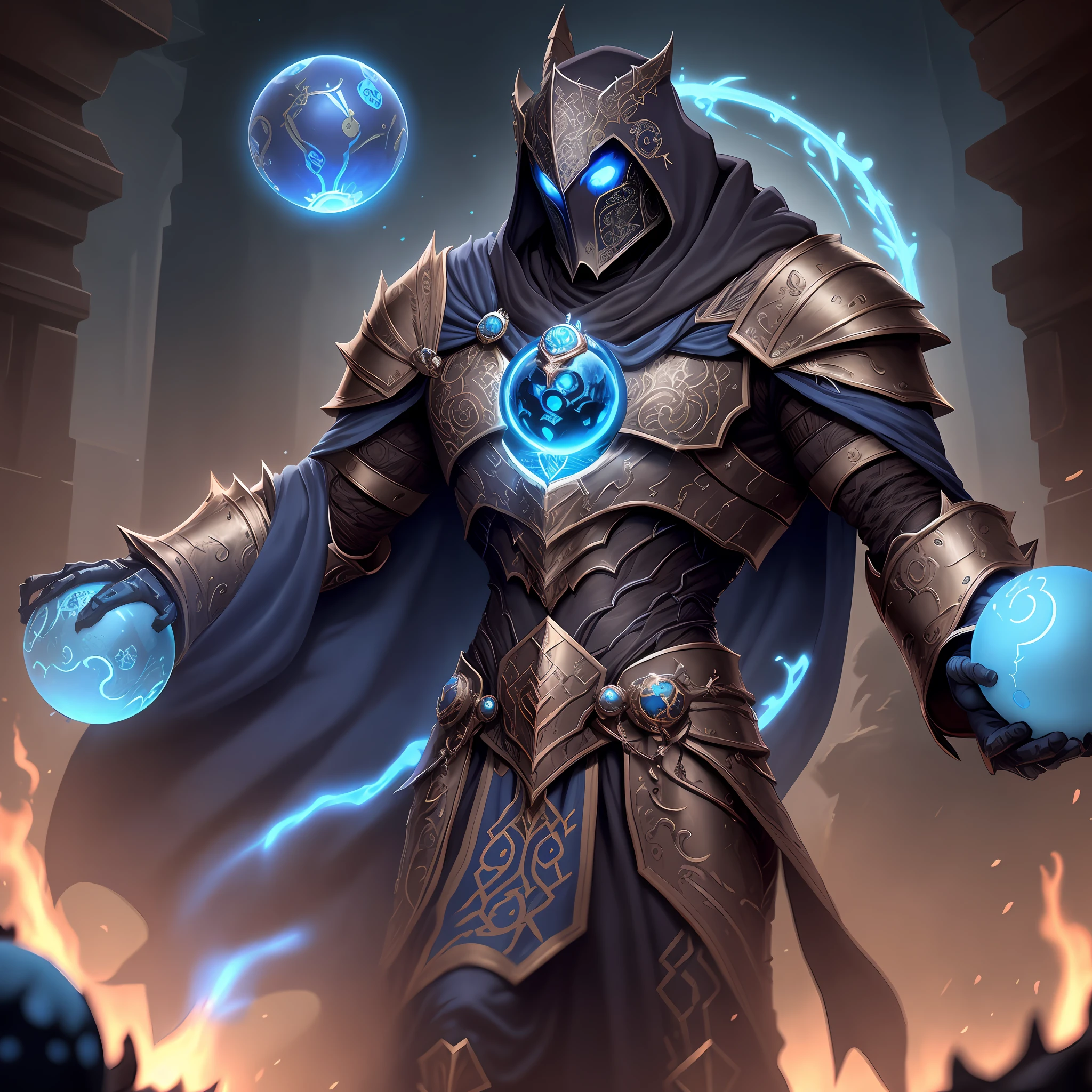 a filigree giant [metal|man|machine|shadow] creature with a blue orb core in chest, cloak, metal mask, dnd style, horror \(theme\),