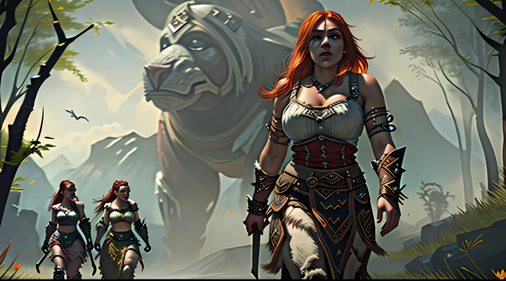 a woman with a hammer and armor walking through a field, concept art inspired by Ryan Barger, Artstation contest winner, fantasy art, female barbarian, a very beautiful berserker woman, barbarian warrior woman, very beautiful barbarian, portrait of a woman barbarian , warrior, dwarf warrior, northern warrior, viking, barbarian class
