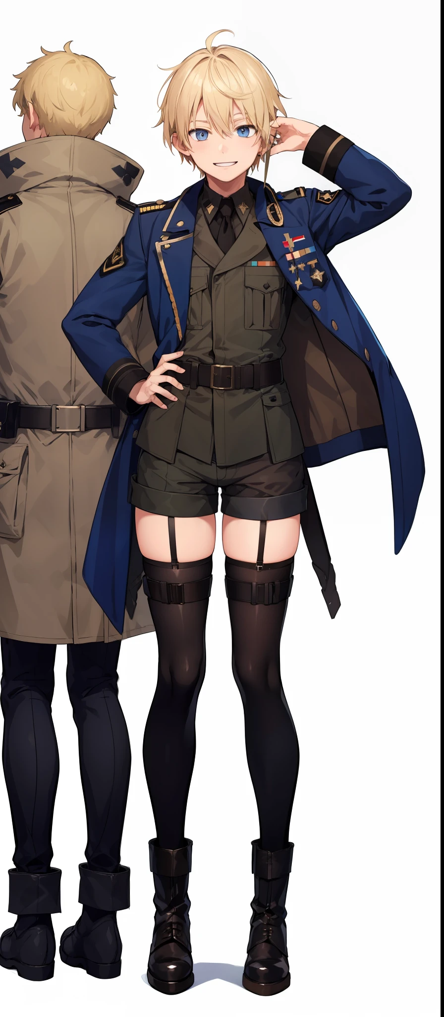 1boy, blonde, blue eyes, smiling, brown air force coat, black booty shorts, military boots, thigh highs, usa