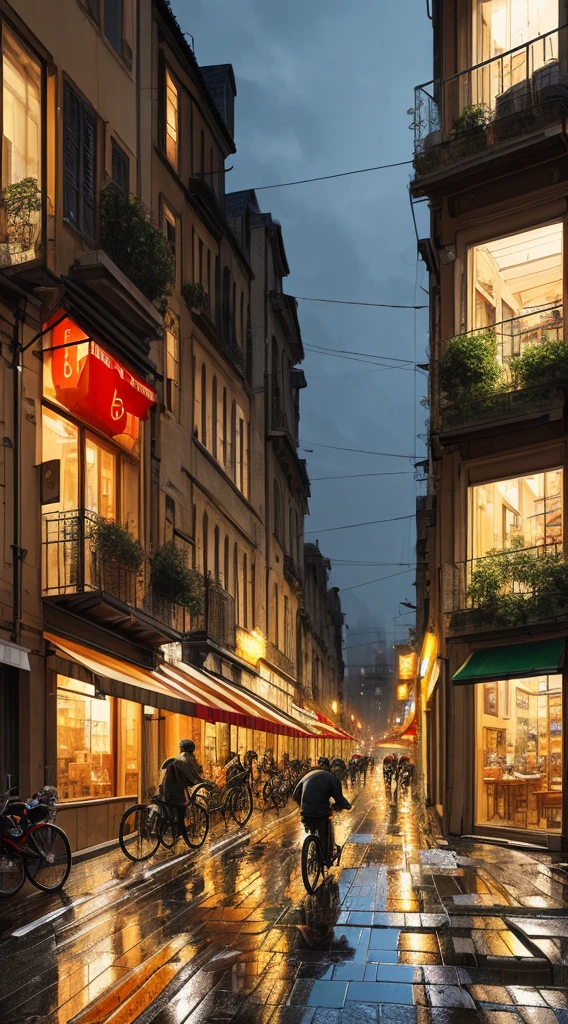 (masterpiece, best quality), Photo if a cafe ,wet Street, buildings,busy street , cycle, trash been, nostalgia, ultra quality, hyper detailed
