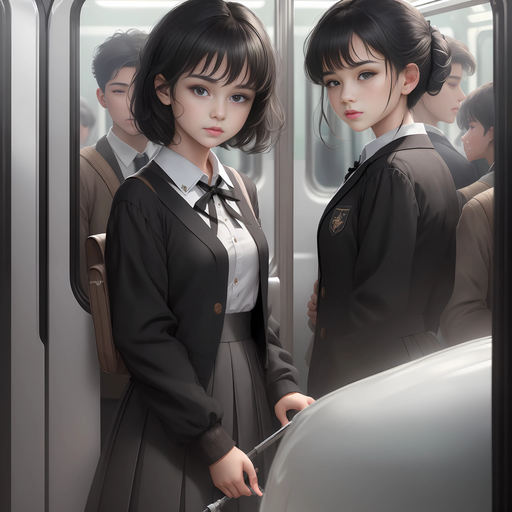 ((masterpiece)), highest quality, super detailed, CG unity 8k wallpaper, beautiful and delicate, high resolution, dynamic angle, (one girl, 16 years old), black eyes, black hair, short hair, school uniform , white ribbon, beautiful face, transparent skin color, crowded train, high scale, transparent, realistic, single image.
