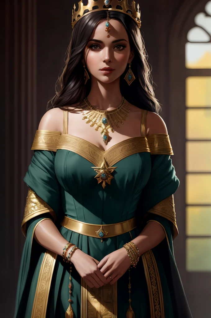 Queen wearing a golden red attire sitting on her throne