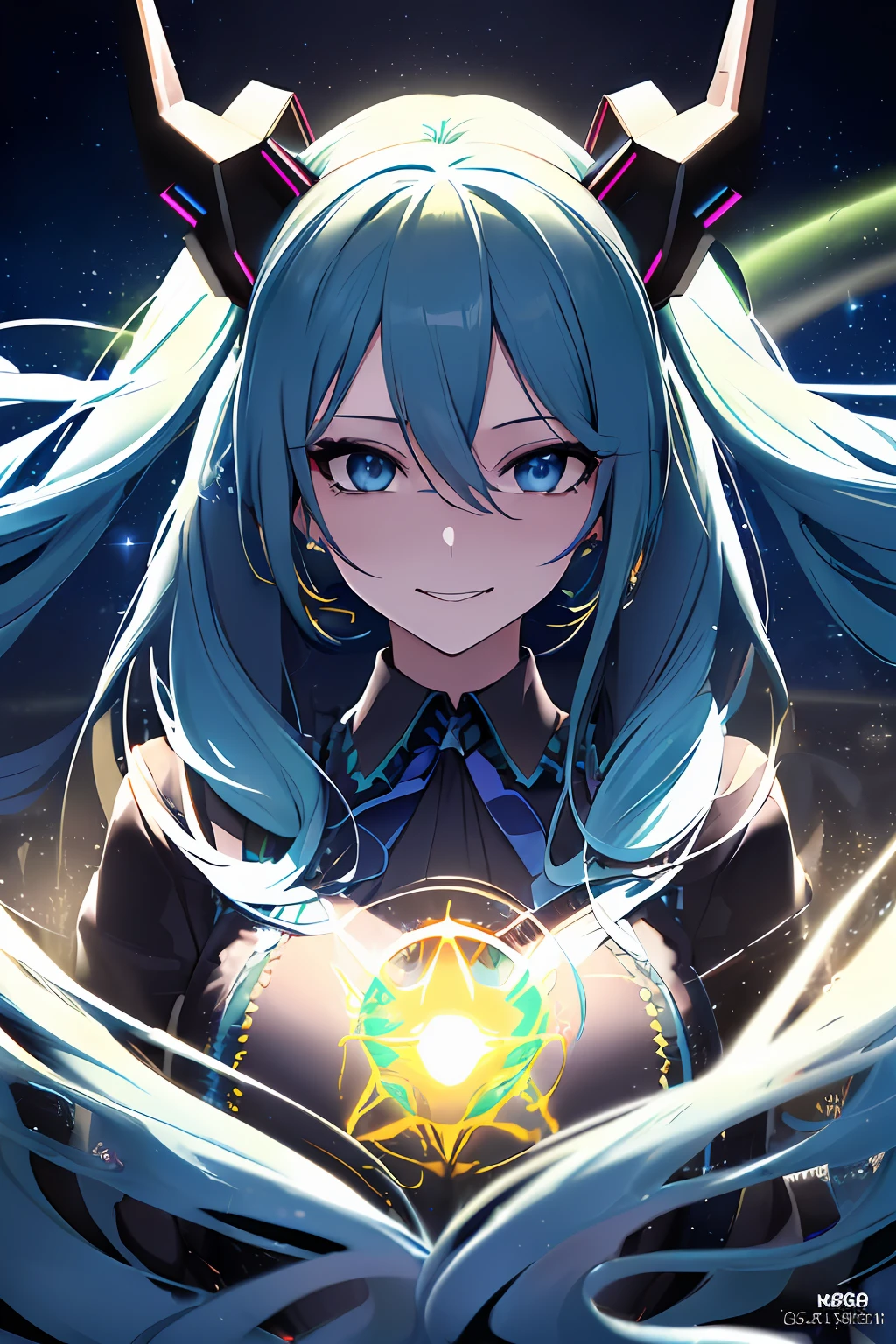 ((pov)), ((hatsune miku)), 1woman, looking at viewer, ((Multiverse Monster Goddess)), Female, (Evil Goddess), evil face, Devilish Smile, (Great Golden Dragon Horns) ), ((blue eyes)), (Beautiful Lush hair, Blue hair, twintails), Goddess Long Dress, Slim, Big Breasts, Wide Waist, Dark Fantasy, destruction, (((psychedelic art, ultra detailed, ultra face realistic, cinematic, best quality, hard lighting, +++++))), splash art 500, Chaos 750, galaxy, stars, planets in background, psychedelic colors, ((color blast))