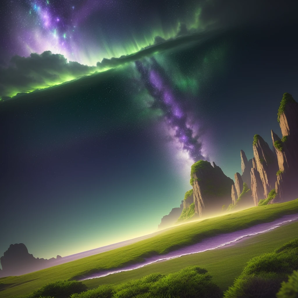 distant land, light, darkness, stars in the sky, appearances of wind breezes, rays of light, crystalline green sand, green sand, very green sand, high resolution, high details, HD, purple sky, water,lsd,dmt,8k