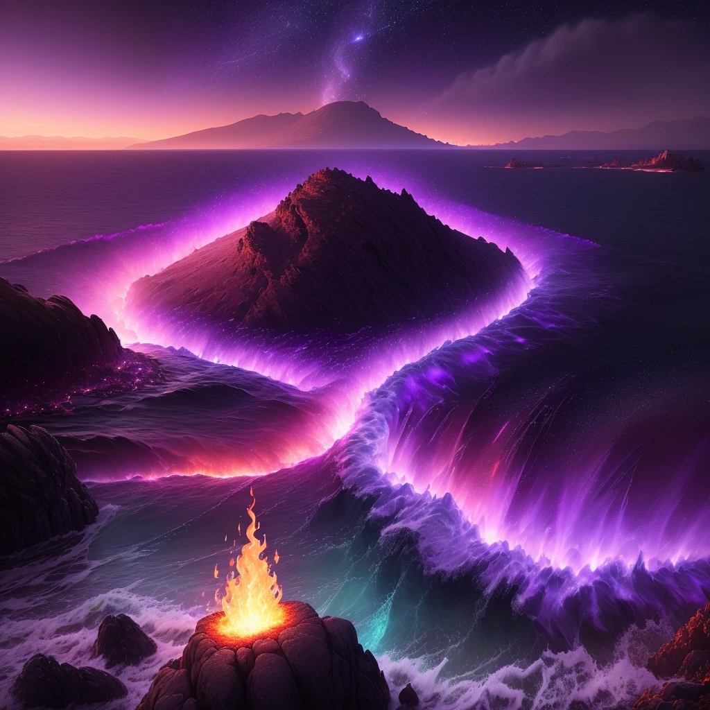 distant land, light, darkness, stars in the sky, appearances of wind breezes, rays of light, lava, crystalline waters, rain, fire,high resolution, high details, HD, purple sky, water,lsd,dmt,8k
