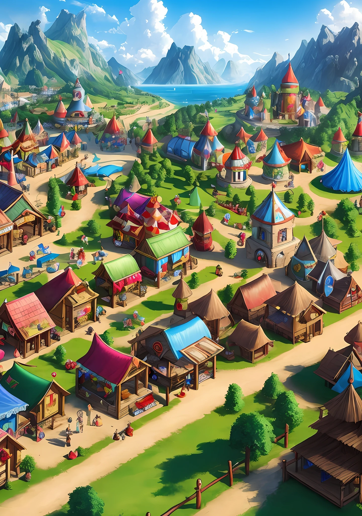 Carnival in a fantasy village with games and shows, huts and tents