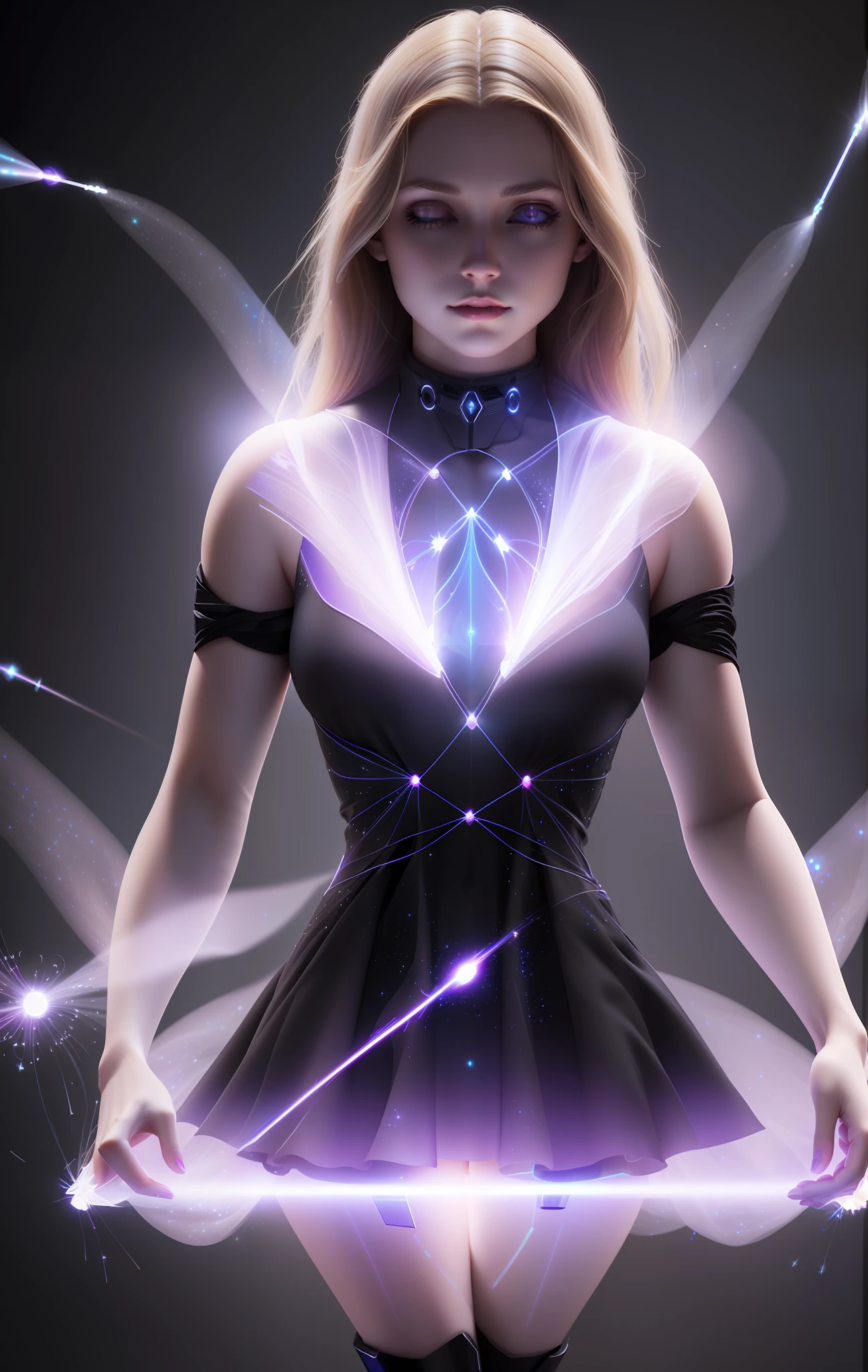 there is a woman in a black dress holding a glowing light, blonde girl in a cosmic dress, connected with glowing tubes 8 k, glowing lens flare wraith girl, glowing black aura, a stunning young ethereal figure, she is attracting lightnings, fashionable futuristic woman, cyborg goddess in cosmos, unreal engine render + a goddess, 3 d neon art of a womens body