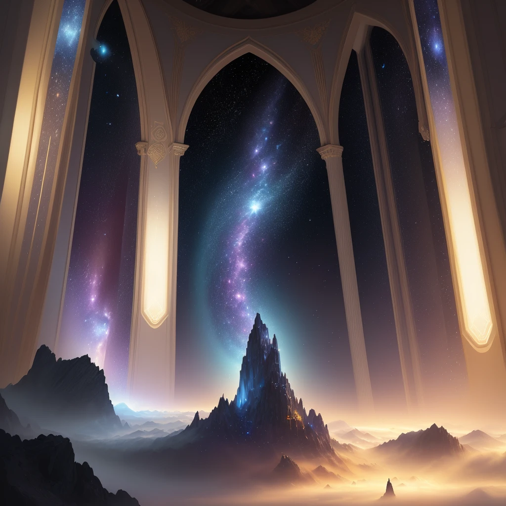Dimensional leveling, cycle of hyperglittering, matte painting, trending on artstation, colorful, detailed, complex, 16k, romantism, sapphire, 10 portals, beautiful fantasy landscape, realistic and natural, cosmic sky, detailed full-color, nature, hd photography, realistic surrealism, elements by nasa, magical, detailed, alien plants, gloss, hyperrealism