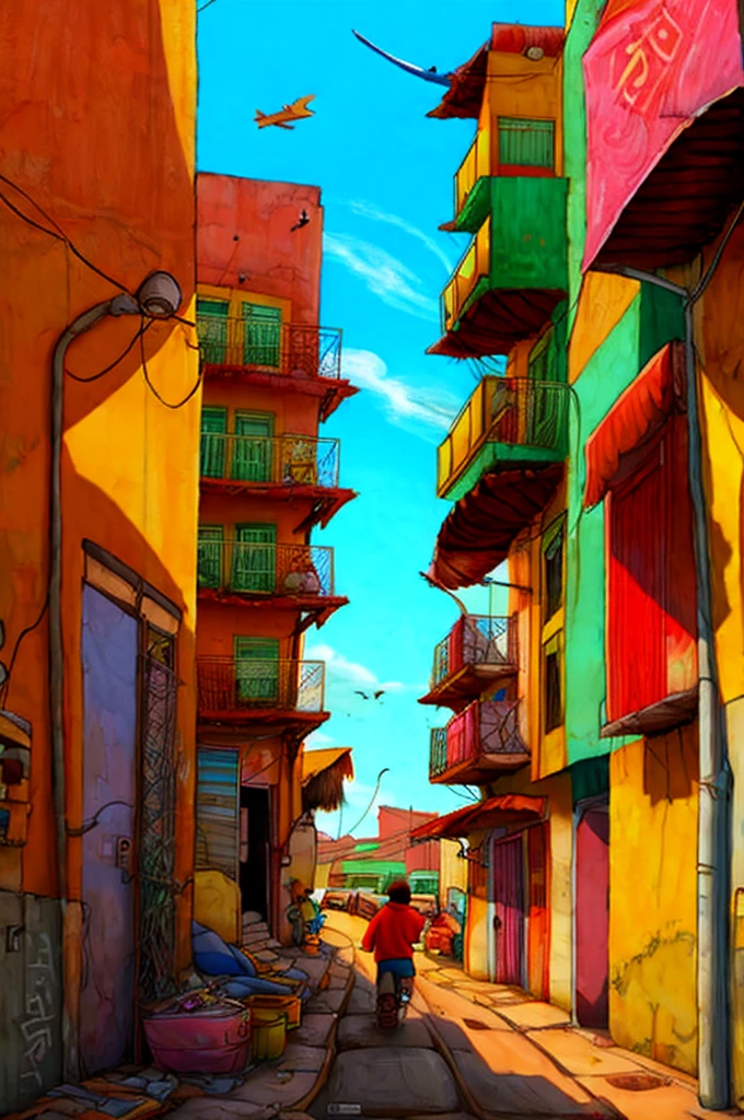 The favela streets with a man in the middle of it with an amplified boom box. A seedy young man is smoking a cigarette. Behind him is a shop &quot;Henan Lumian&quot;. He is followed by an orange cat. A passenger plane flies away in the sky. The overall style of the painting is pale and depressing.